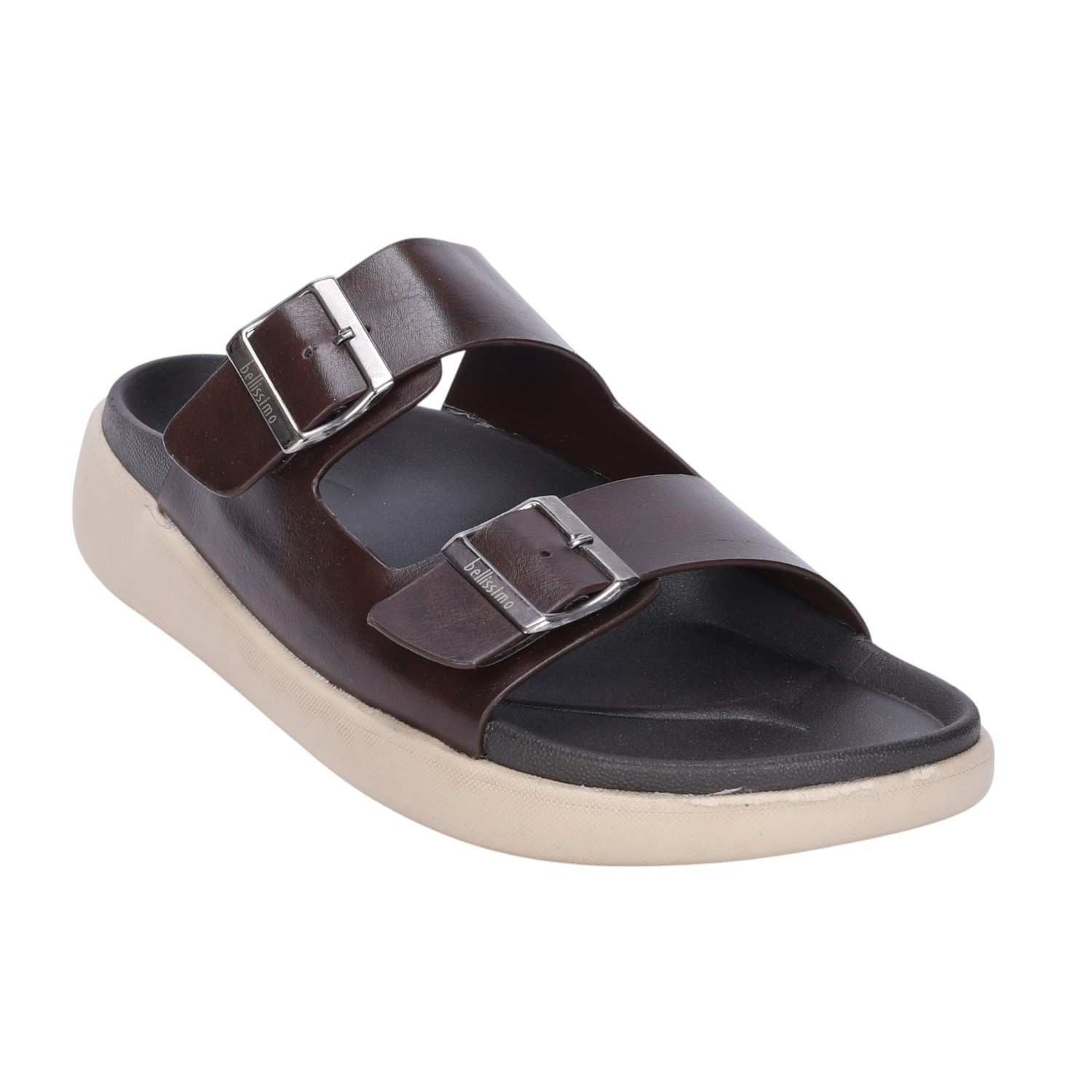 Men Brown Double Buckle Slip On Chappal