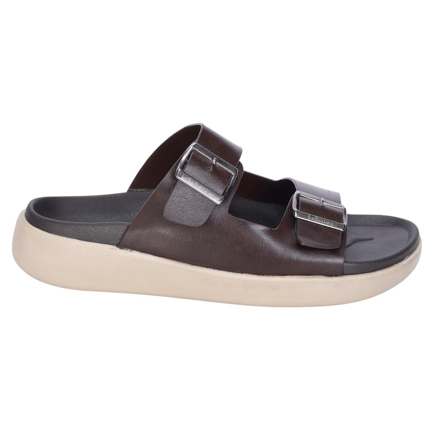 Men Brown Double Buckle Slip On Chappal