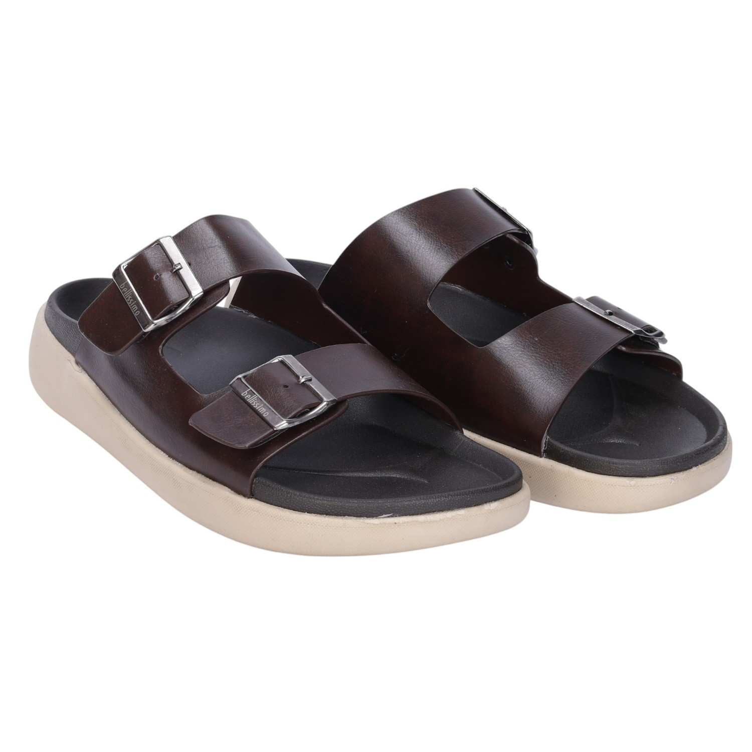 Men Brown Double Buckle Slip On Chappal