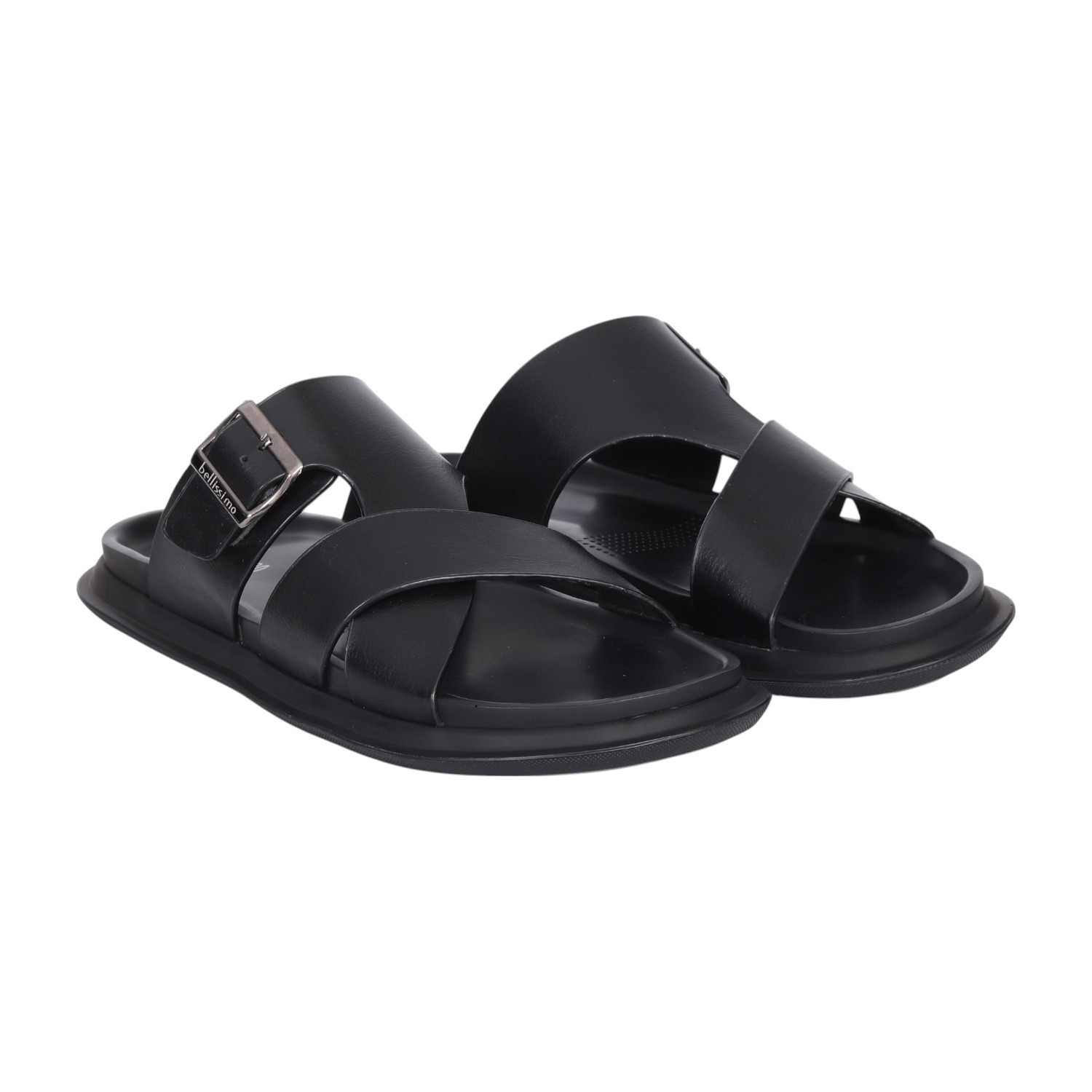 Men Black Cross-Strap Leather Slides with Buckle Detail