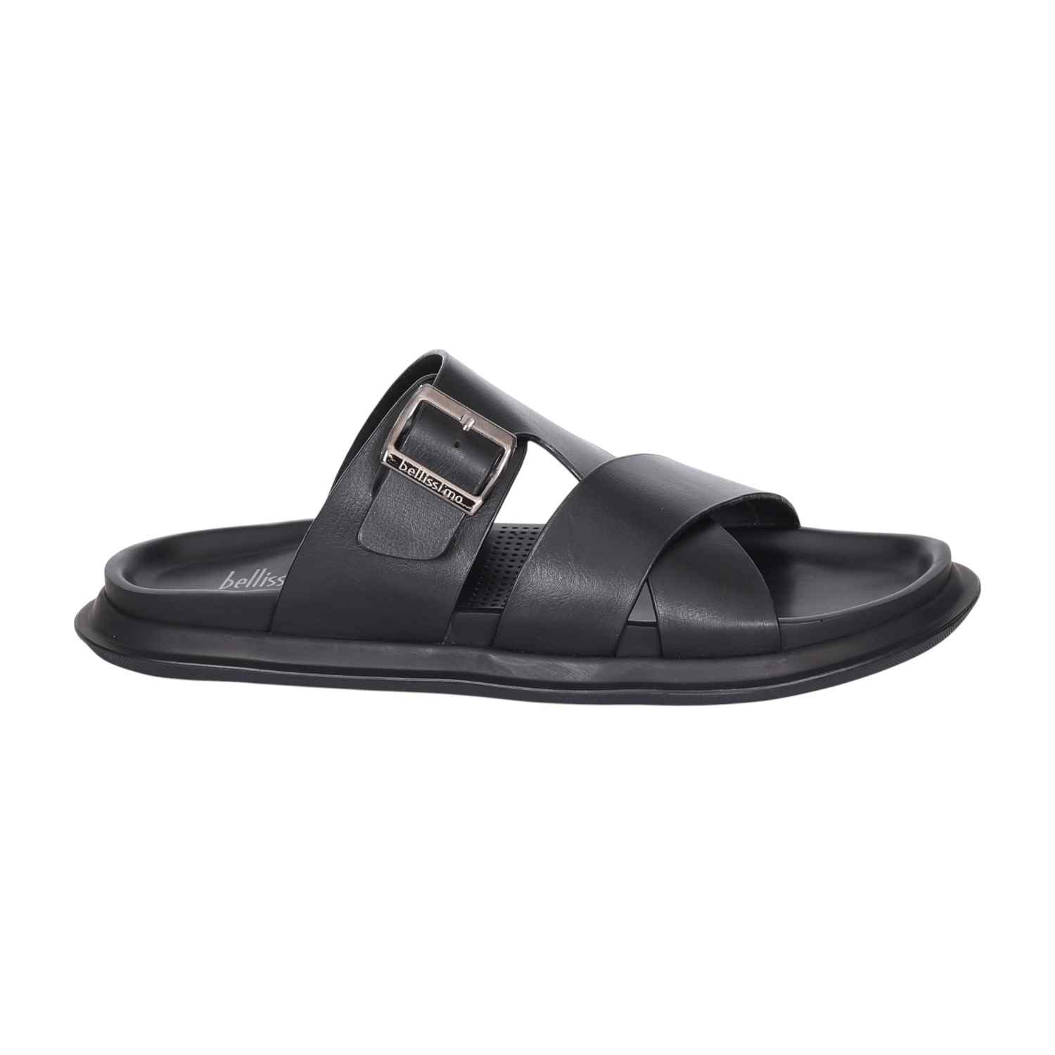 Men Black Cross-Strap Leather Slides with Buckle Detail