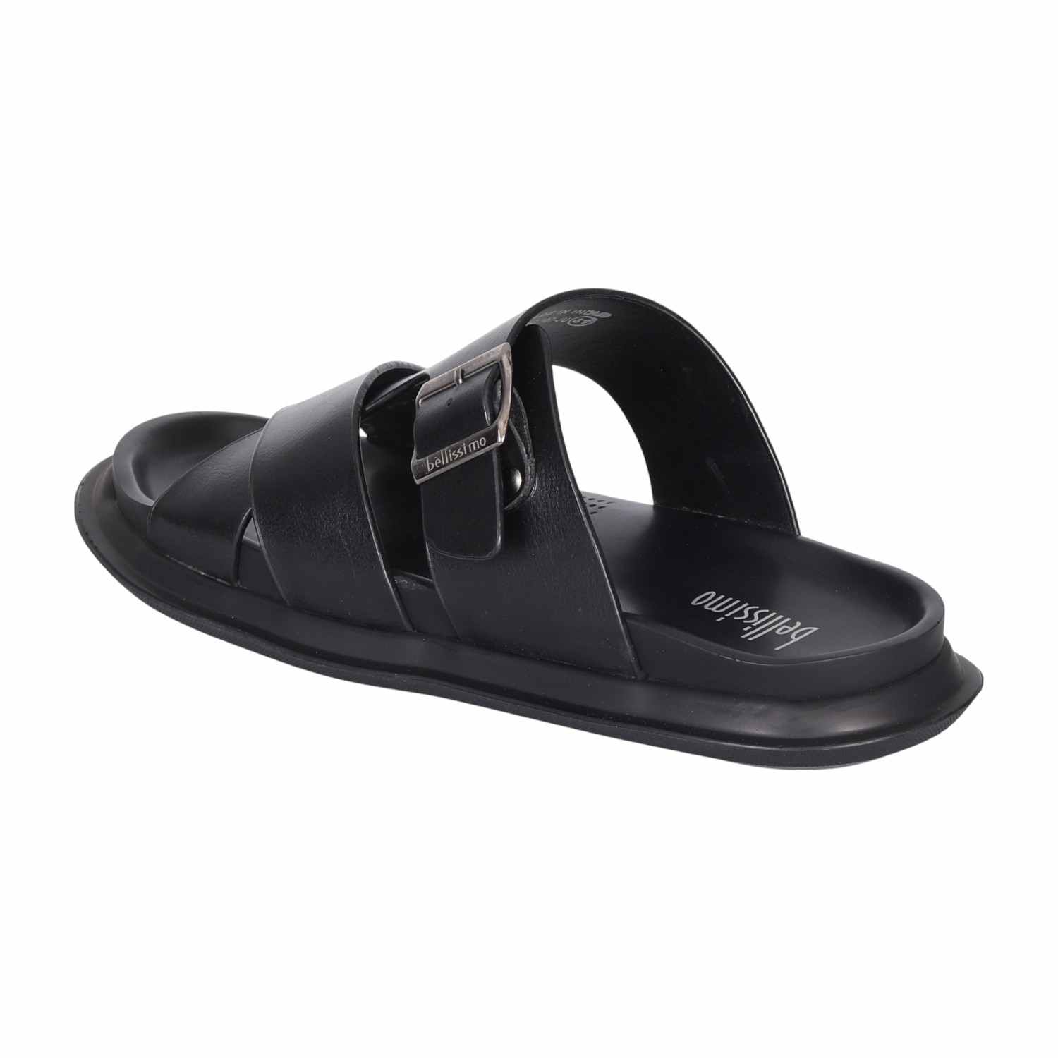 Men Black Cross-Strap Leather Slides with Buckle Detail