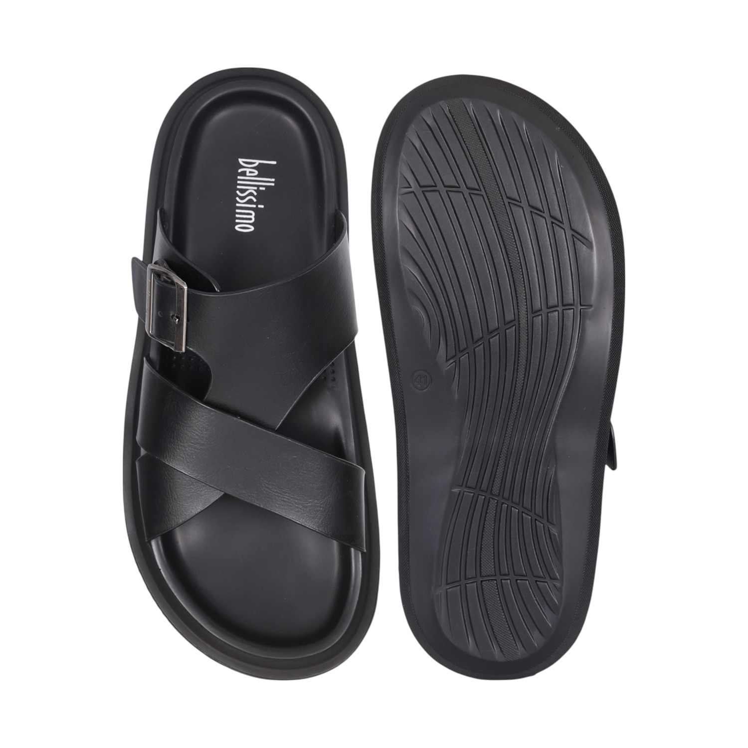 Men Black Cross-Strap Leather Slides with Buckle Detail
