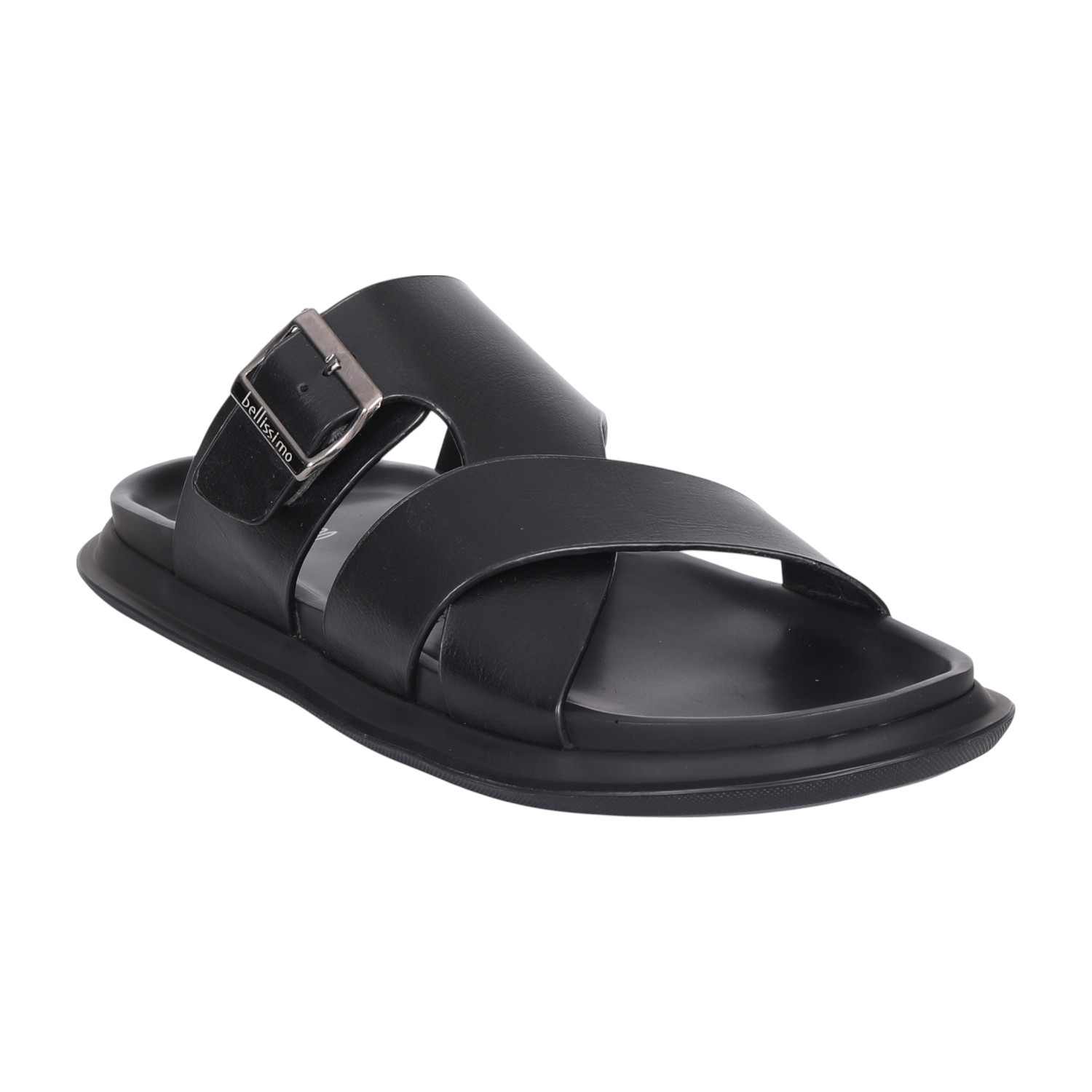 Men Black Cross-Strap Leather Slides with Buckle Detail