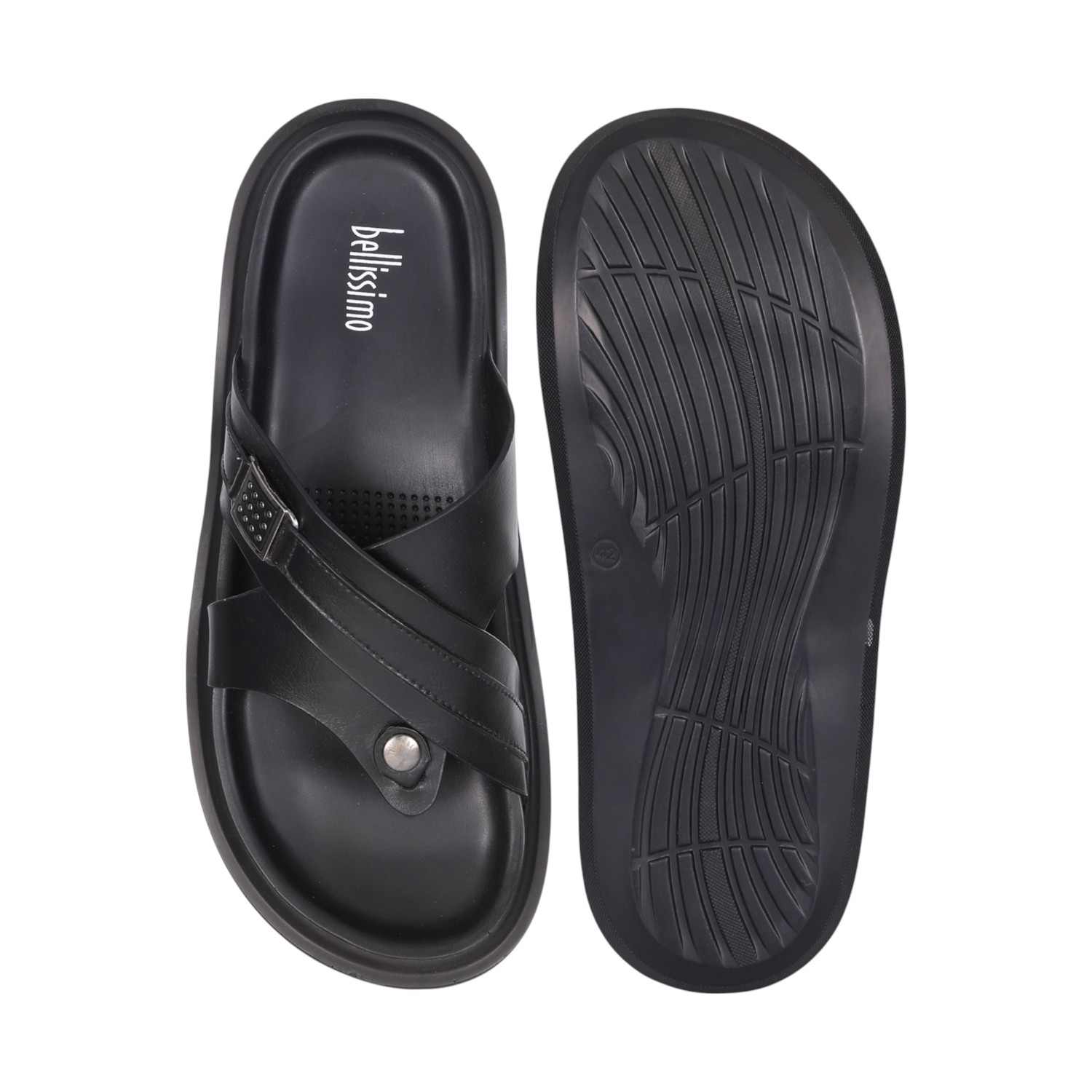 Men Black Leather Cross-Strap Thong Sandals with Decorative Buckle