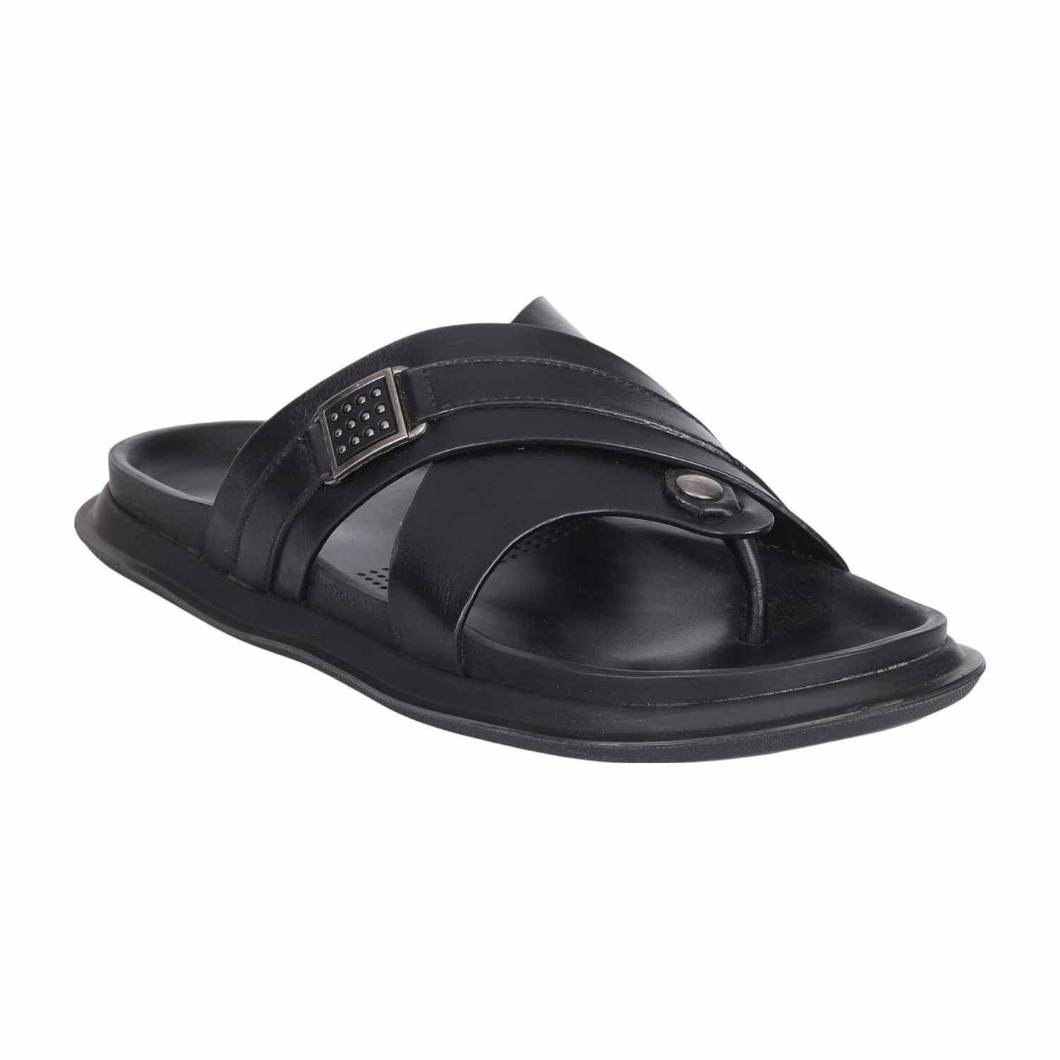 Men Black Leather Cross-Strap Thong Sandals with Decorative Buckle