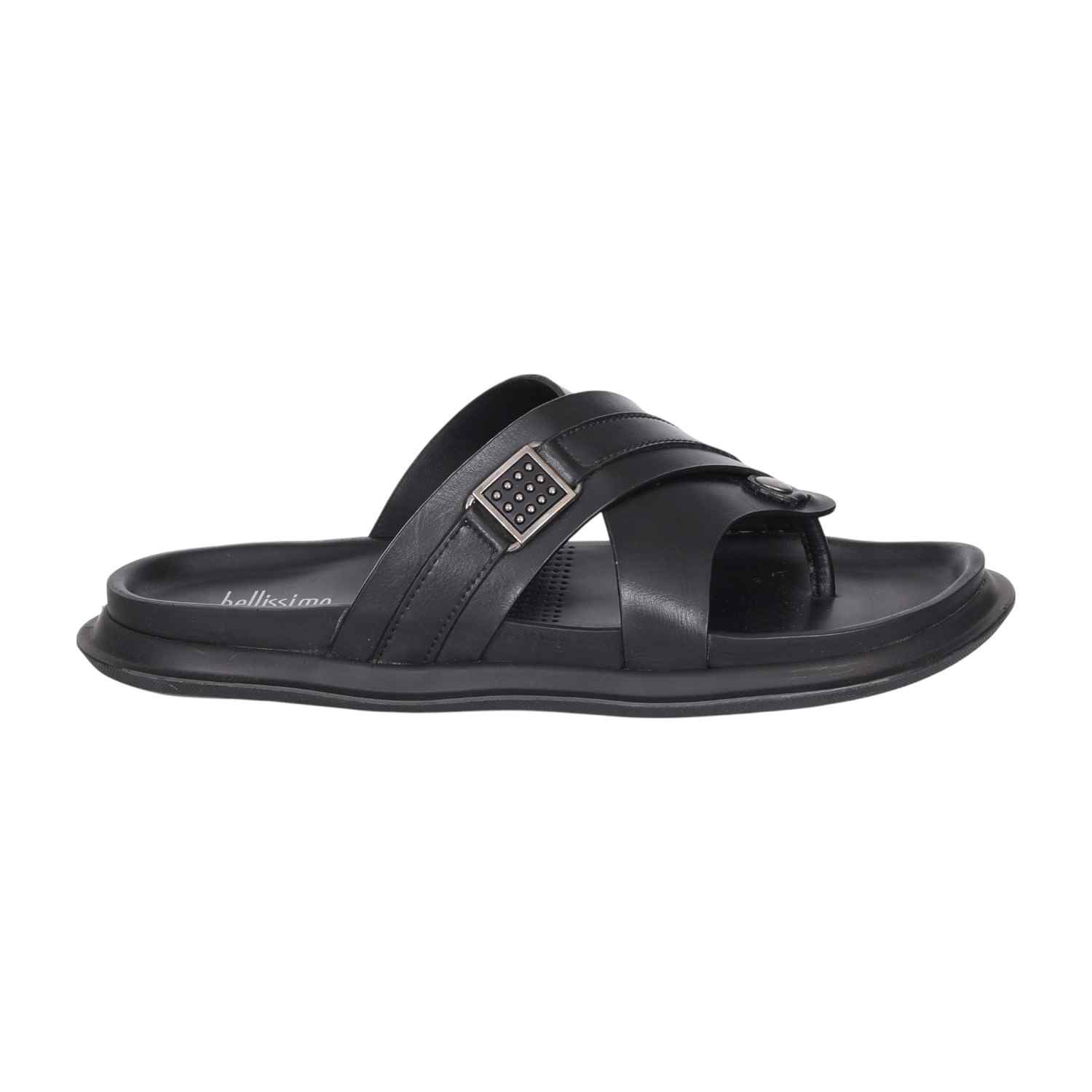 Men Black Leather Cross-Strap Thong Sandals with Decorative Buckle