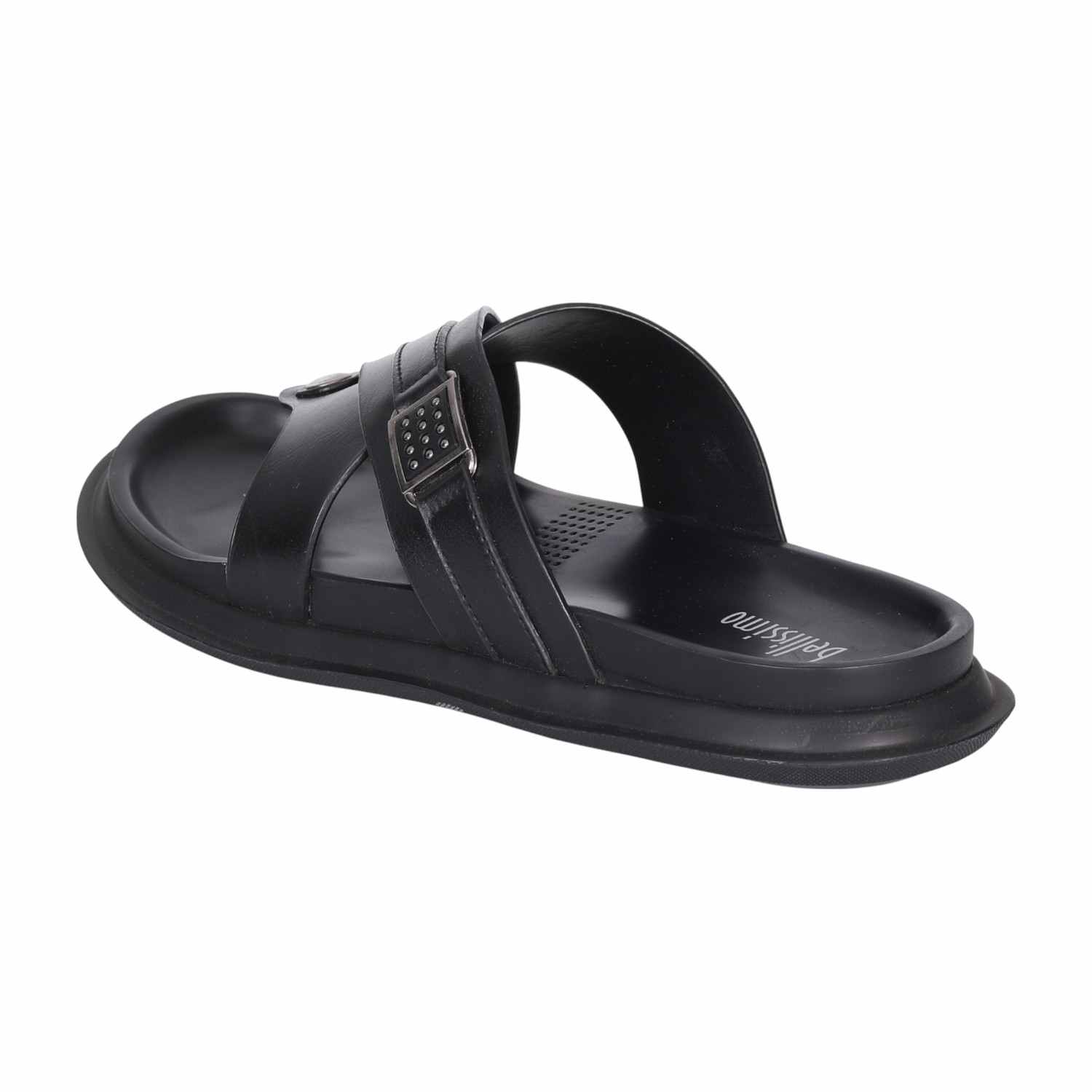 Men Black Leather Cross-Strap Thong Sandals with Decorative Buckle