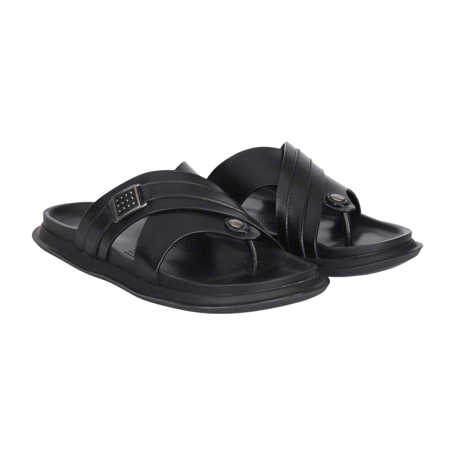 Men Black Leather Cross-Strap Thong Sandals with Decorative Buckle