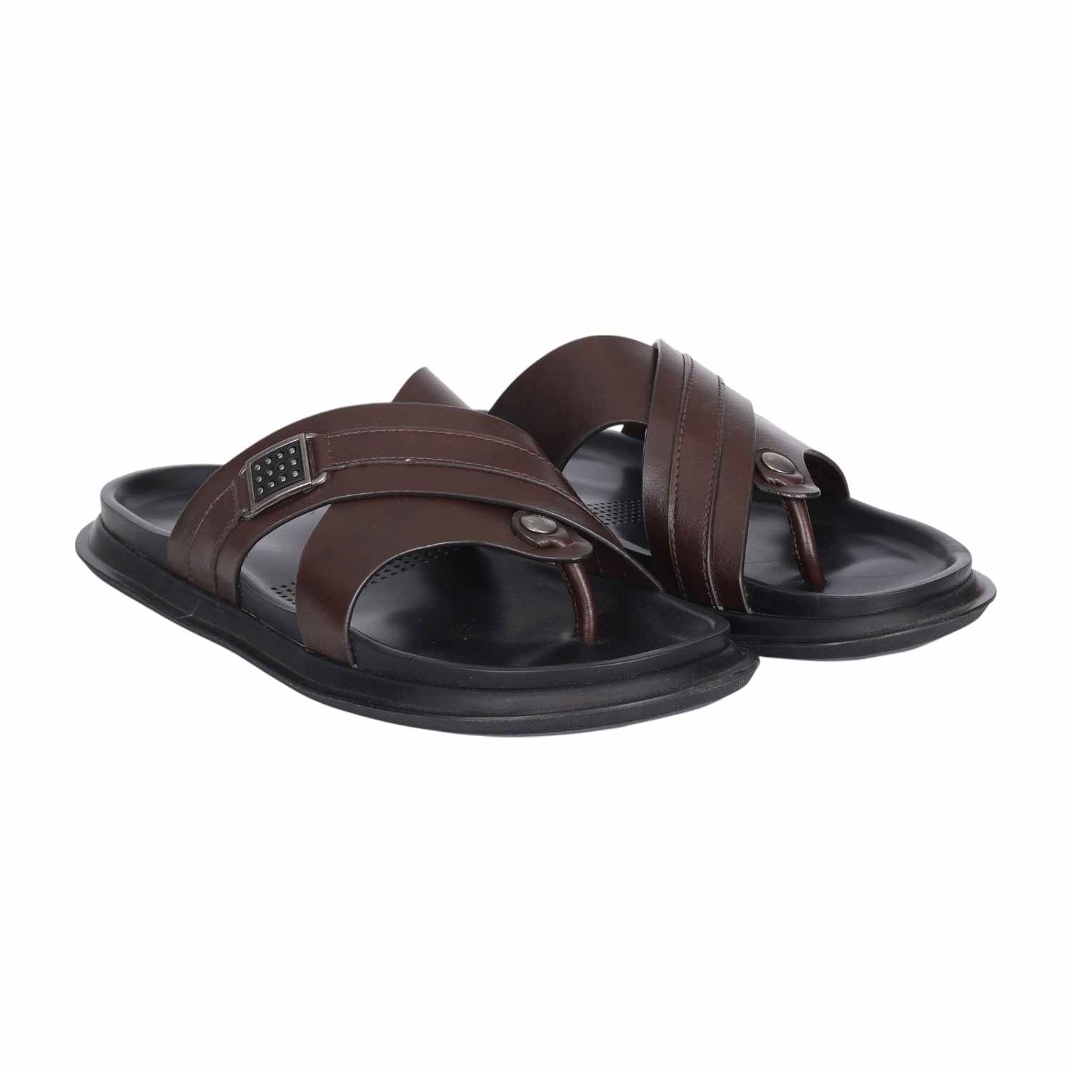 Men Brown Leather Cross-Strap Thong Sandals with Decorative Buckle
