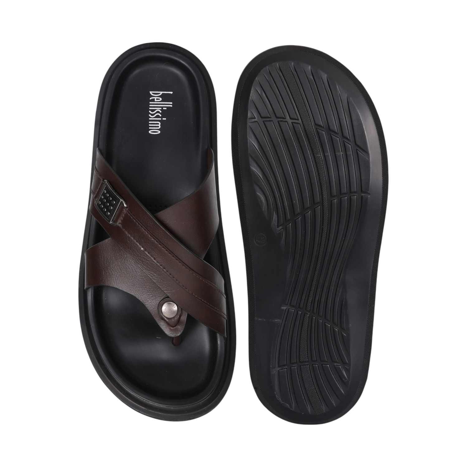 Men Brown Leather Cross-Strap Thong Sandals with Decorative Buckle