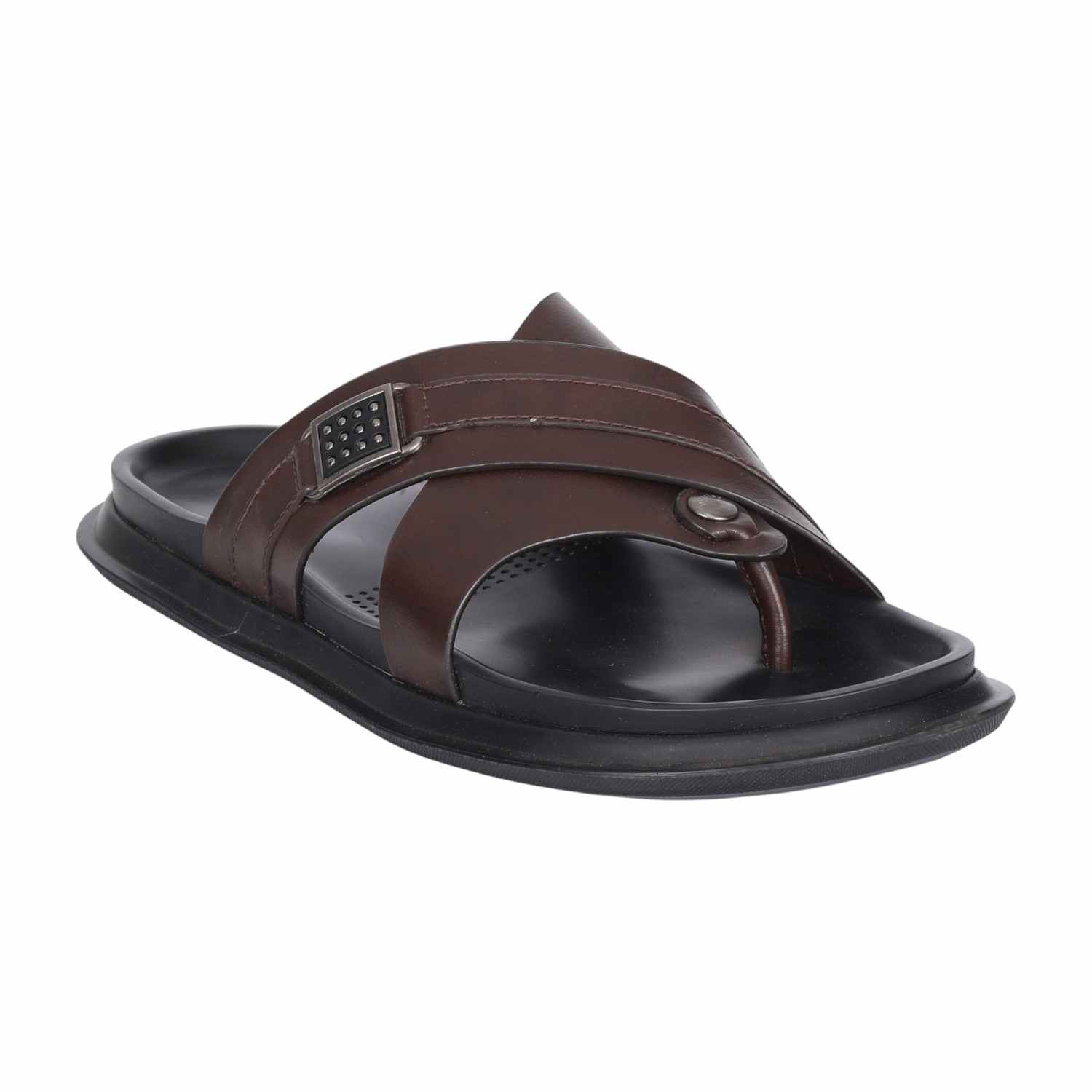 Men Brown Leather Cross-Strap Thong Sandals with Decorative Buckle