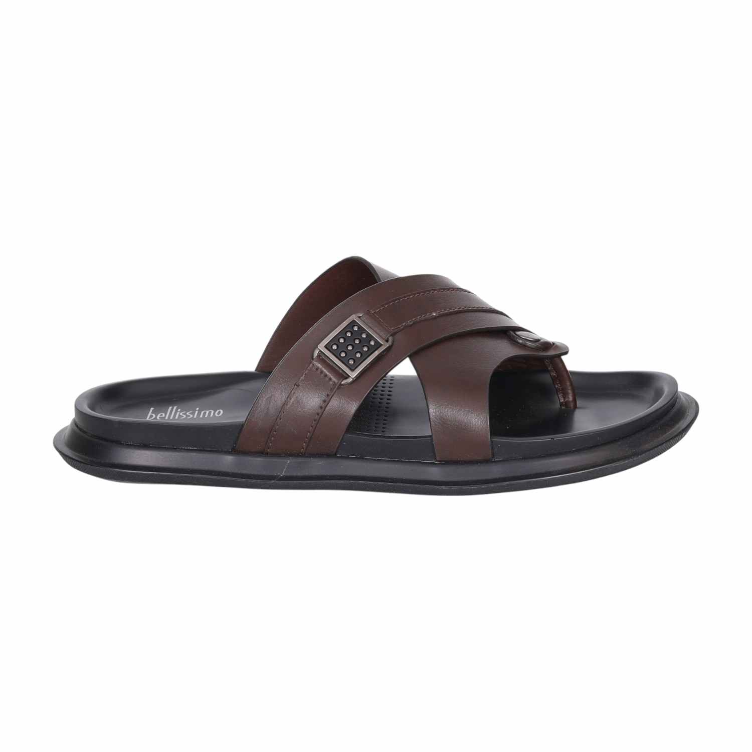 Men Brown Leather Cross-Strap Thong Sandals with Decorative Buckle