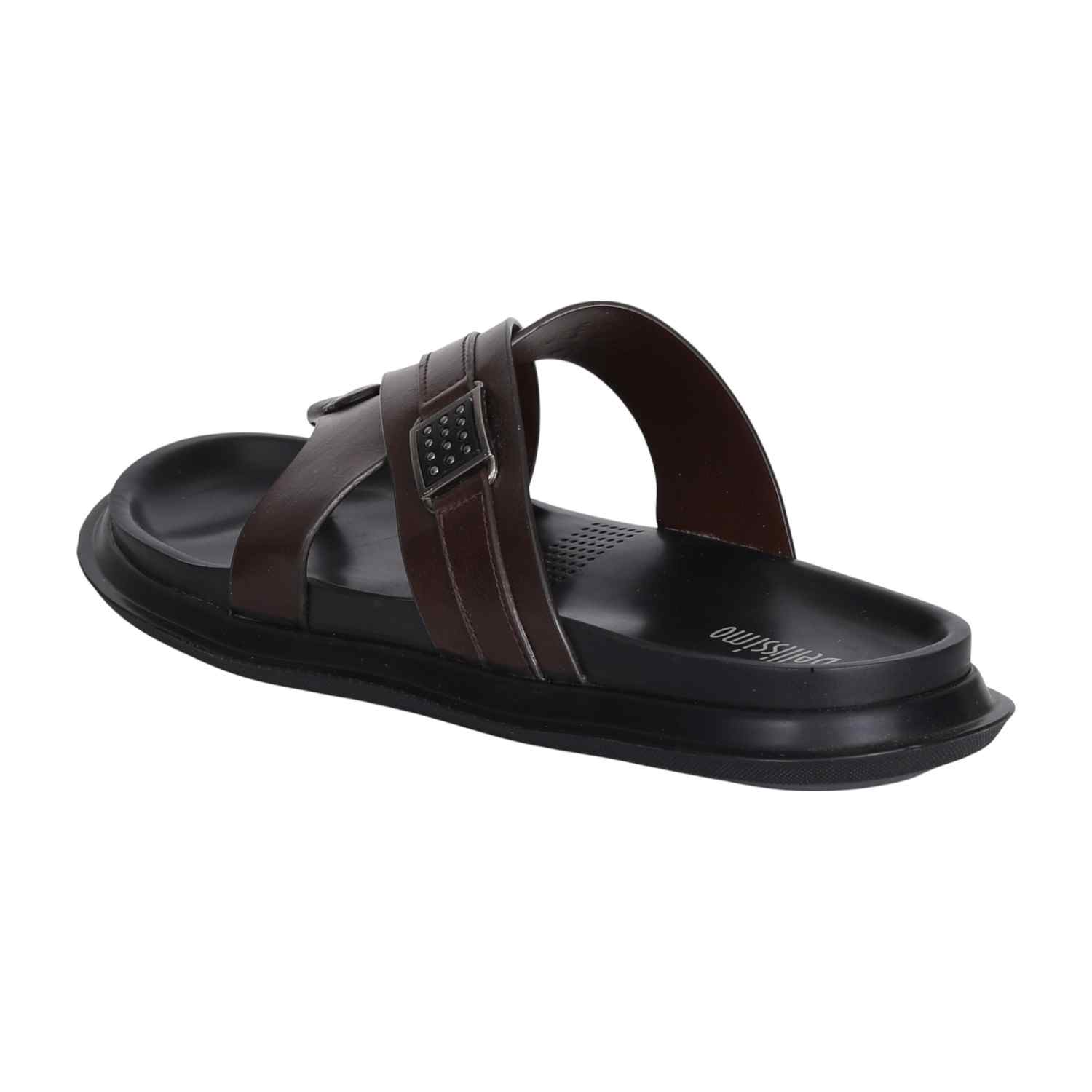 Men Brown Leather Cross-Strap Thong Sandals with Decorative Buckle