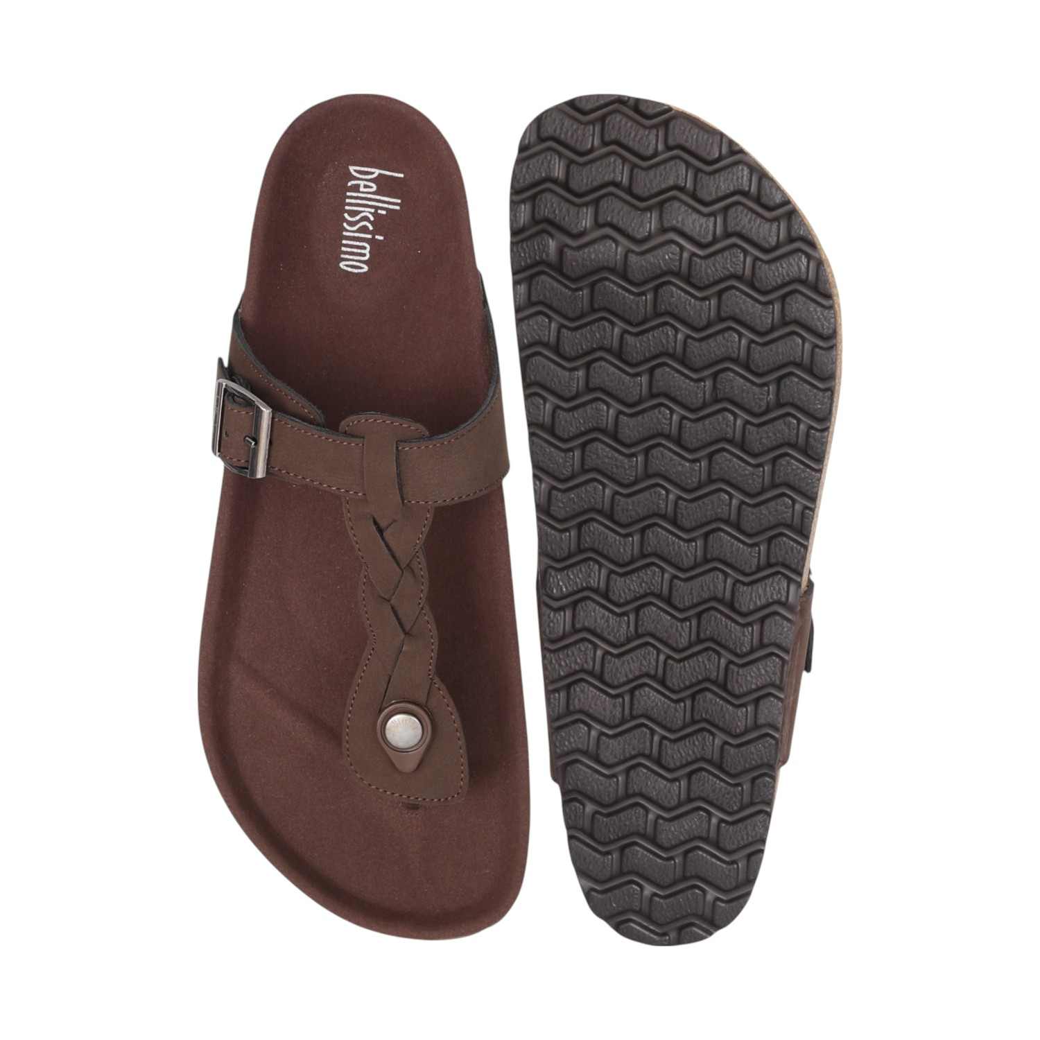 Men Brown Braided Leather Wedge Sandals with Buckle Strap Bellissimo