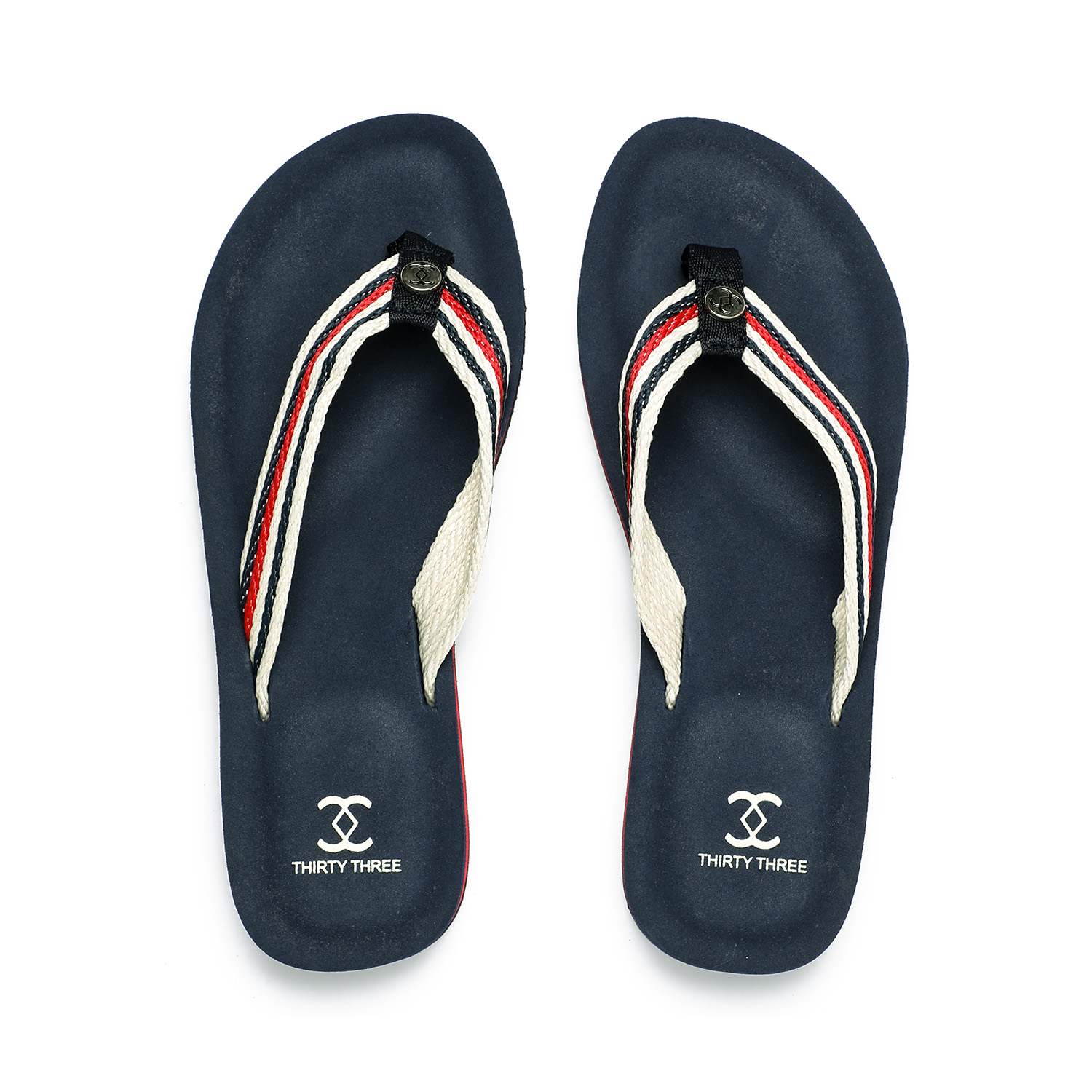 Navy Flip-Flops with Red and White Striped Braided Straps For Women