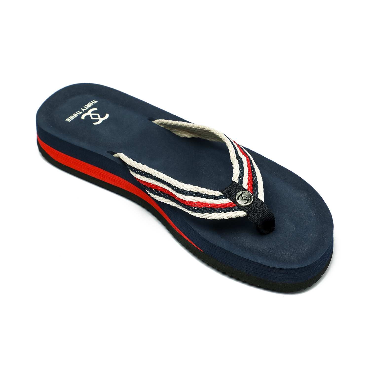 Navy Flip-Flops with Red and White Striped Braided Straps For Women