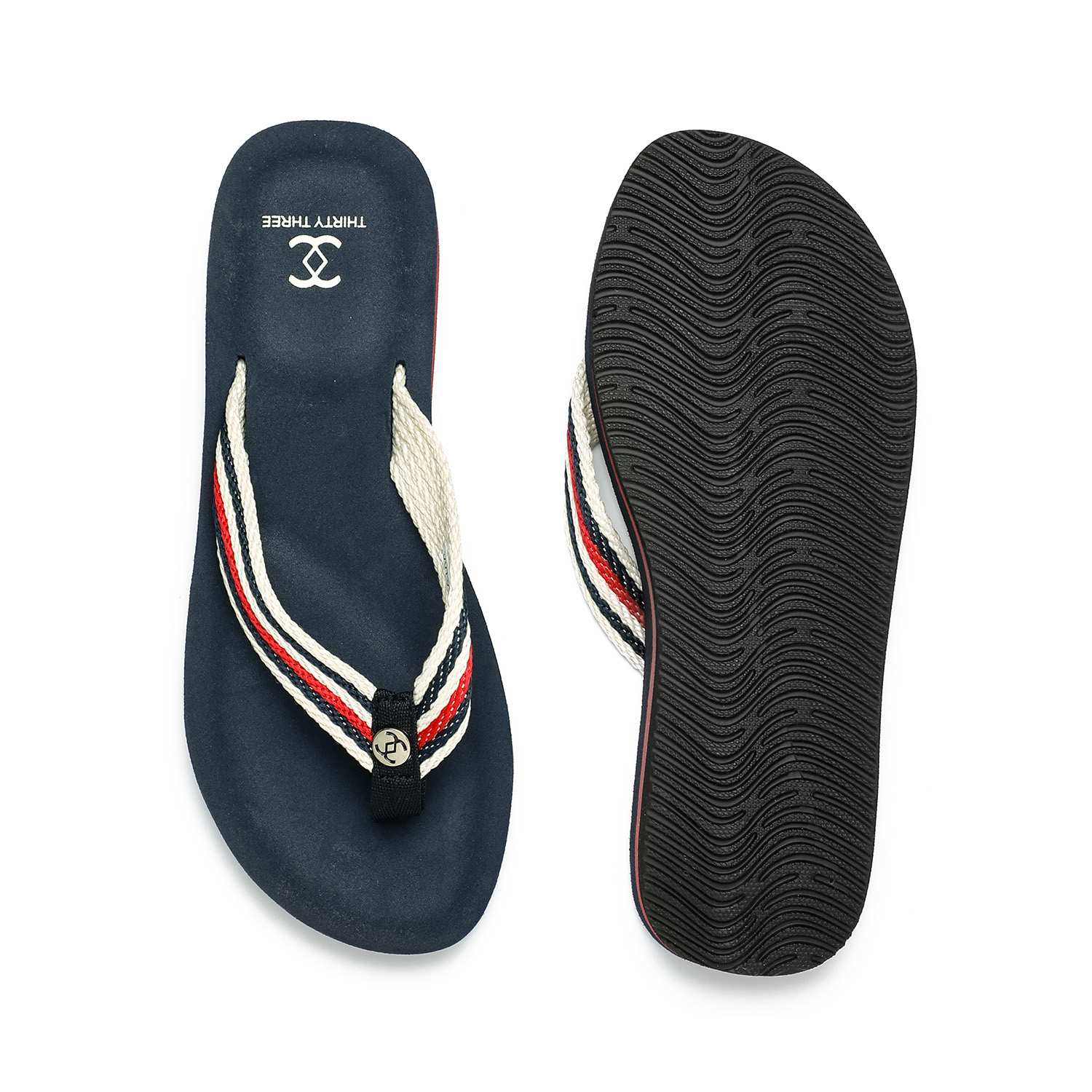 Navy Flip-Flops with Red and White Striped Braided Straps For Women