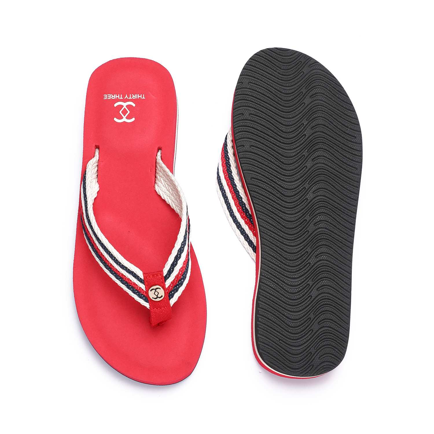 Red Flip-Flops with Red and White Striped Braided Straps For Women