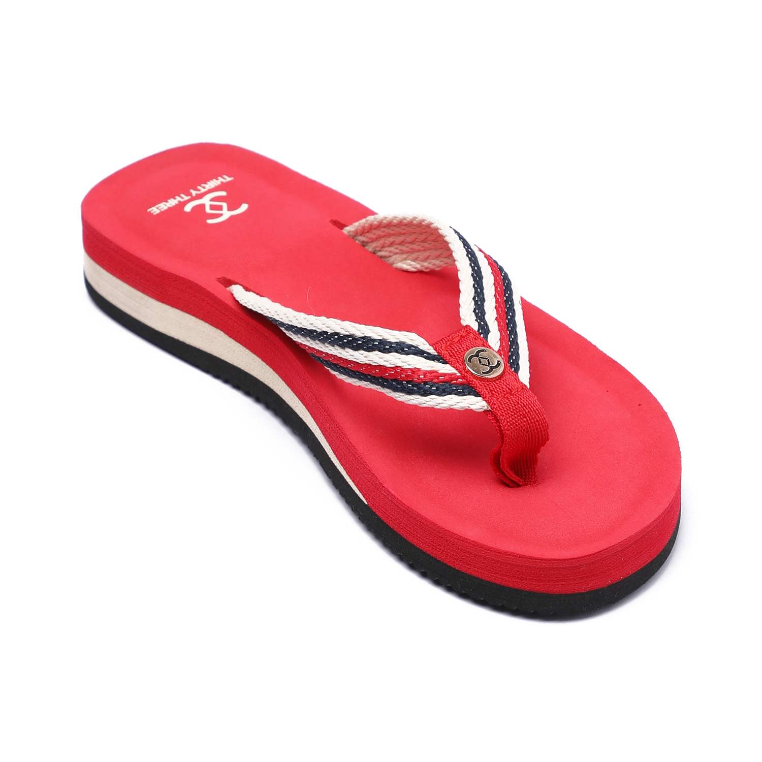 Red Flip-Flops with Red and White Striped Braided Straps For Women