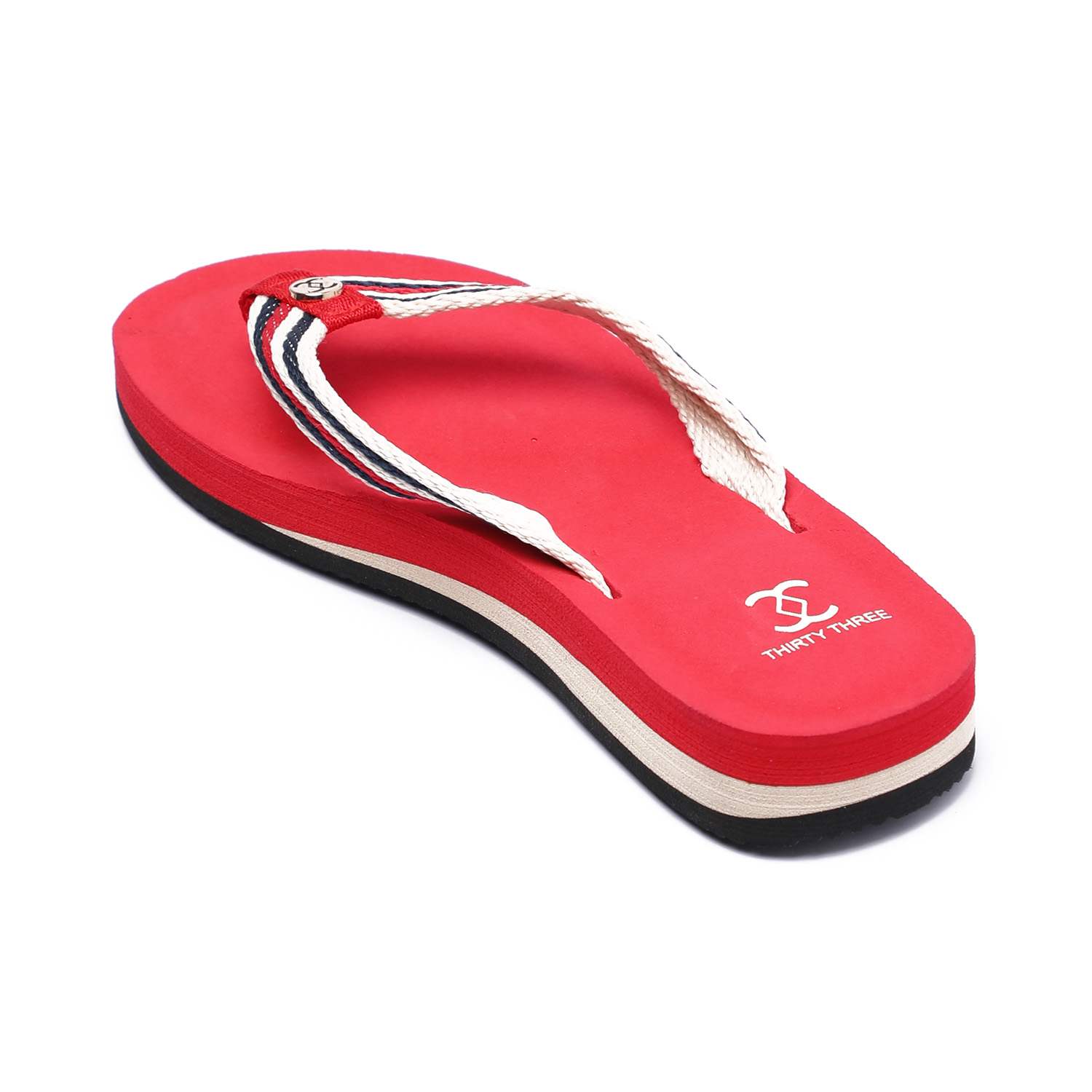 Red Flip-Flops with Red and White Striped Braided Straps For Women