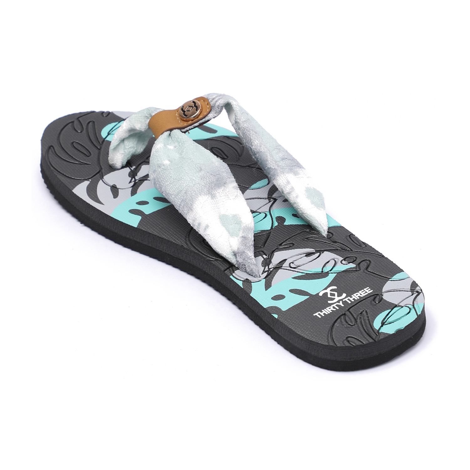 Women Tropical Print Soft Fabric Strap Flip-Flops Grey