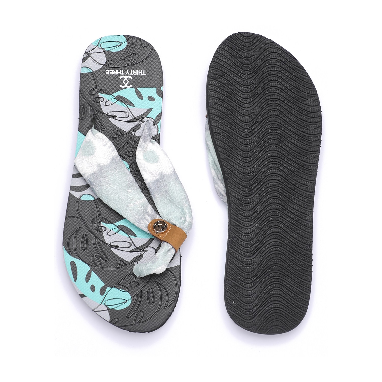 Women Tropical Print Soft Fabric Strap Flip-Flops Grey