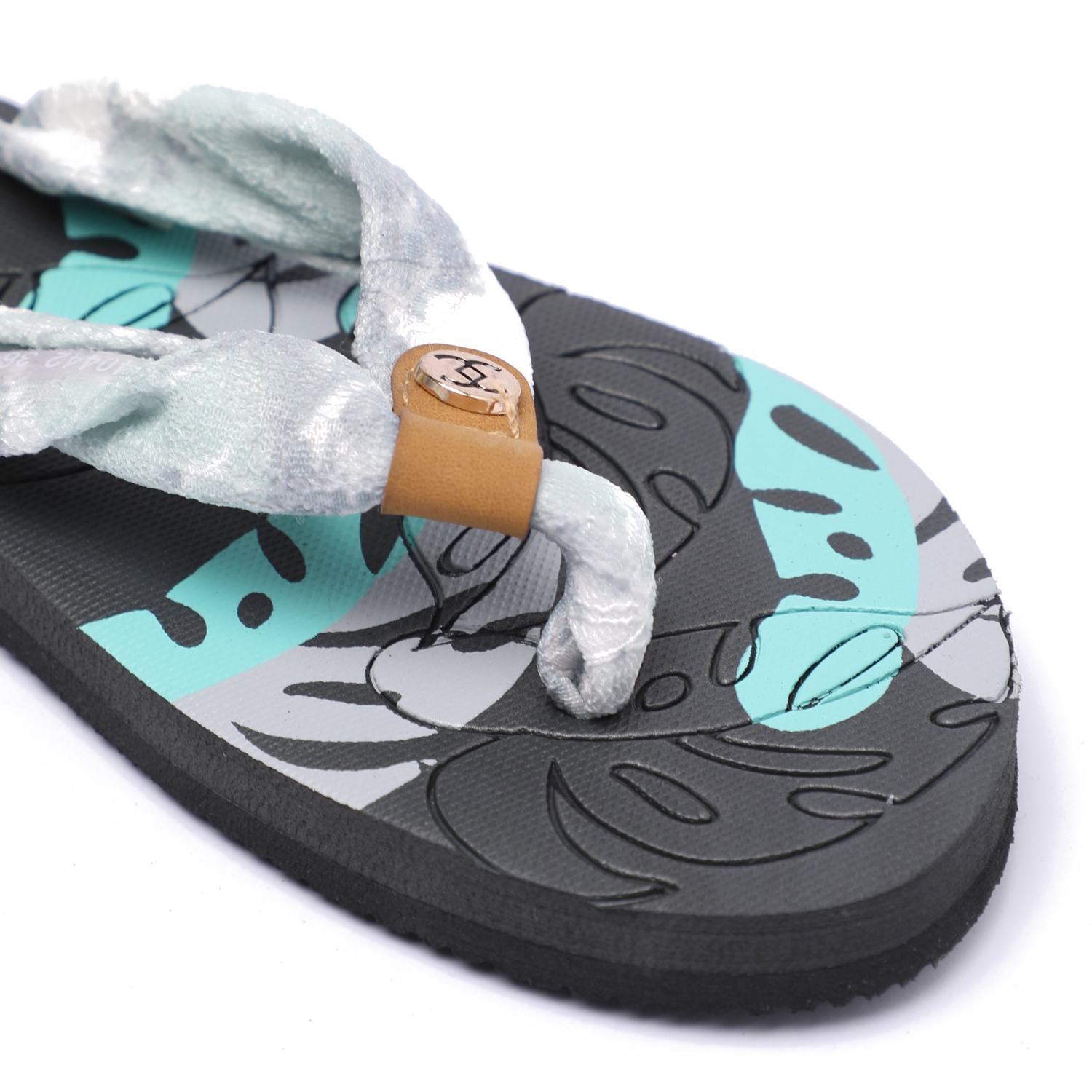 Women Tropical Print Soft Fabric Strap Flip-Flops Grey
