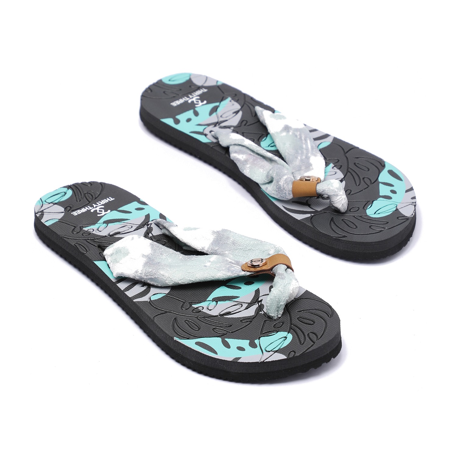 Women Tropical Print Soft Fabric Strap Flip-Flops Grey