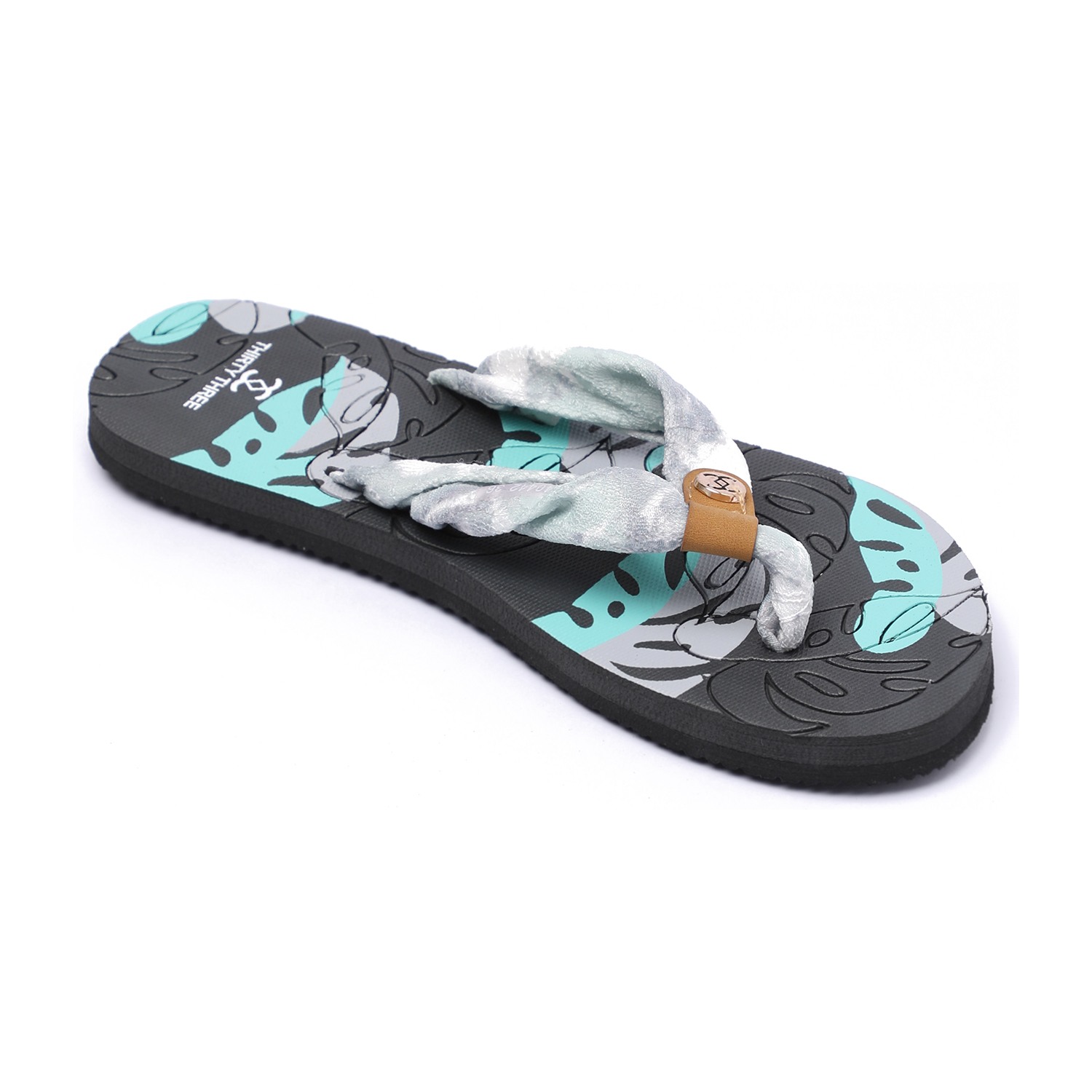 Women Tropical Print Soft Fabric Strap Flip-Flops Grey