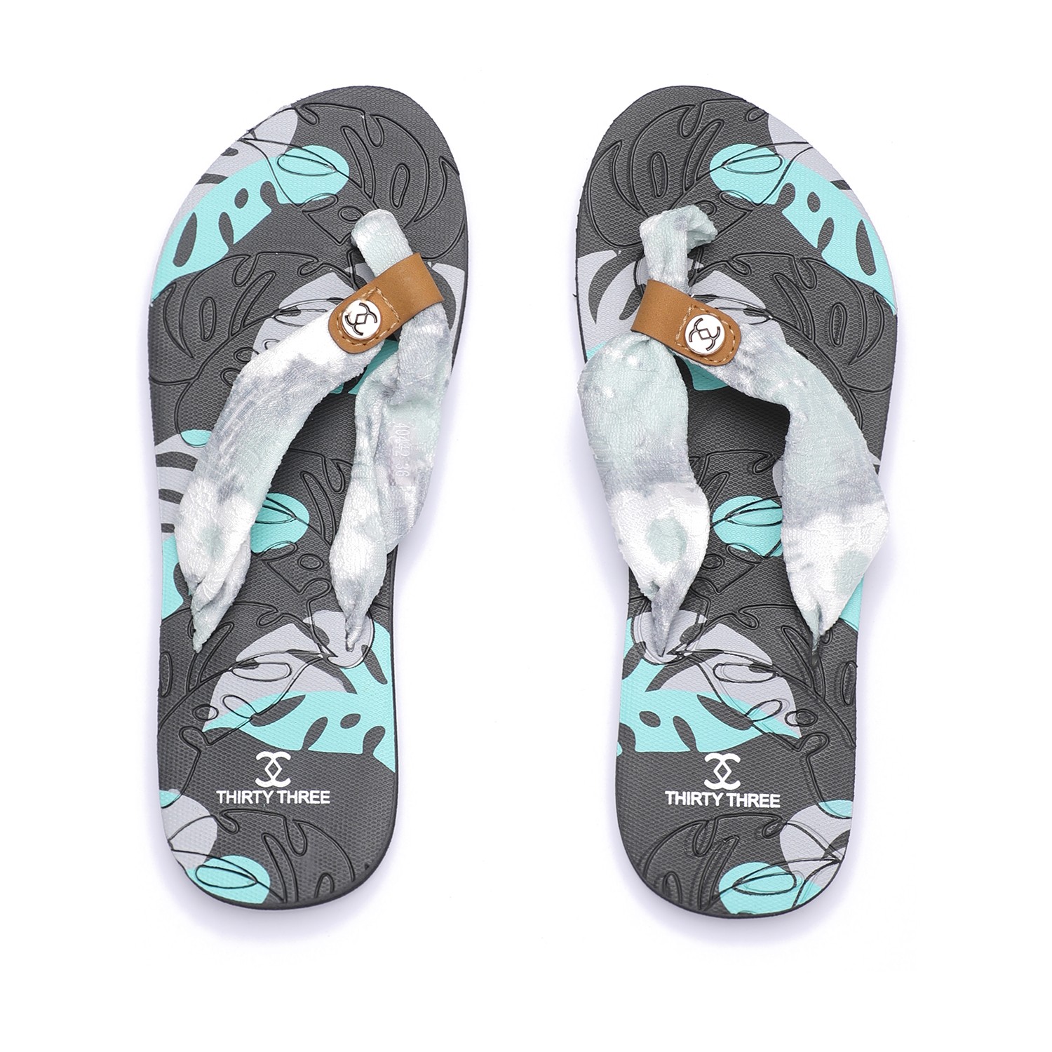 Women Tropical Print Soft Fabric Strap Flip-Flops Grey