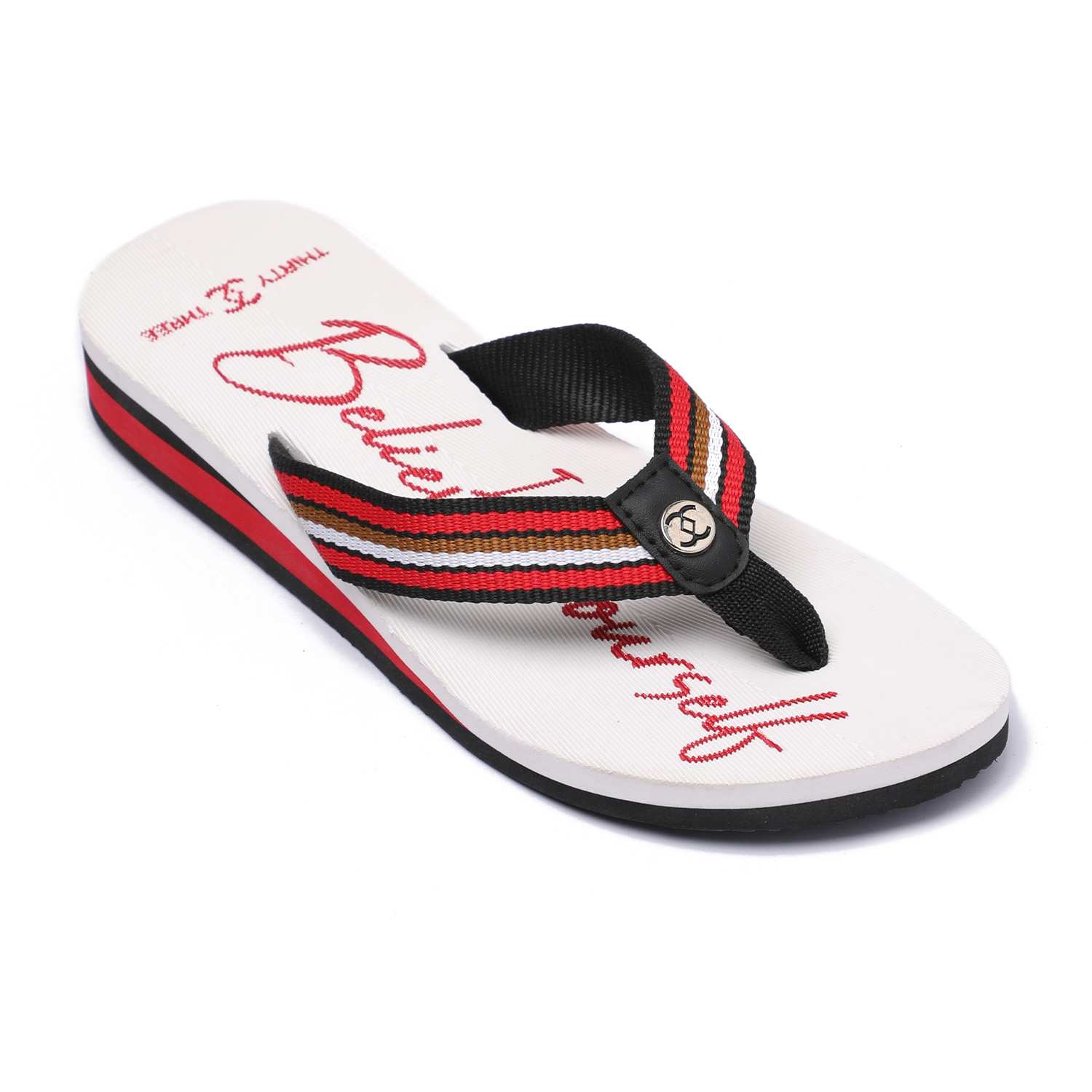 Women White Red Flip-Flops with Striped Straps
