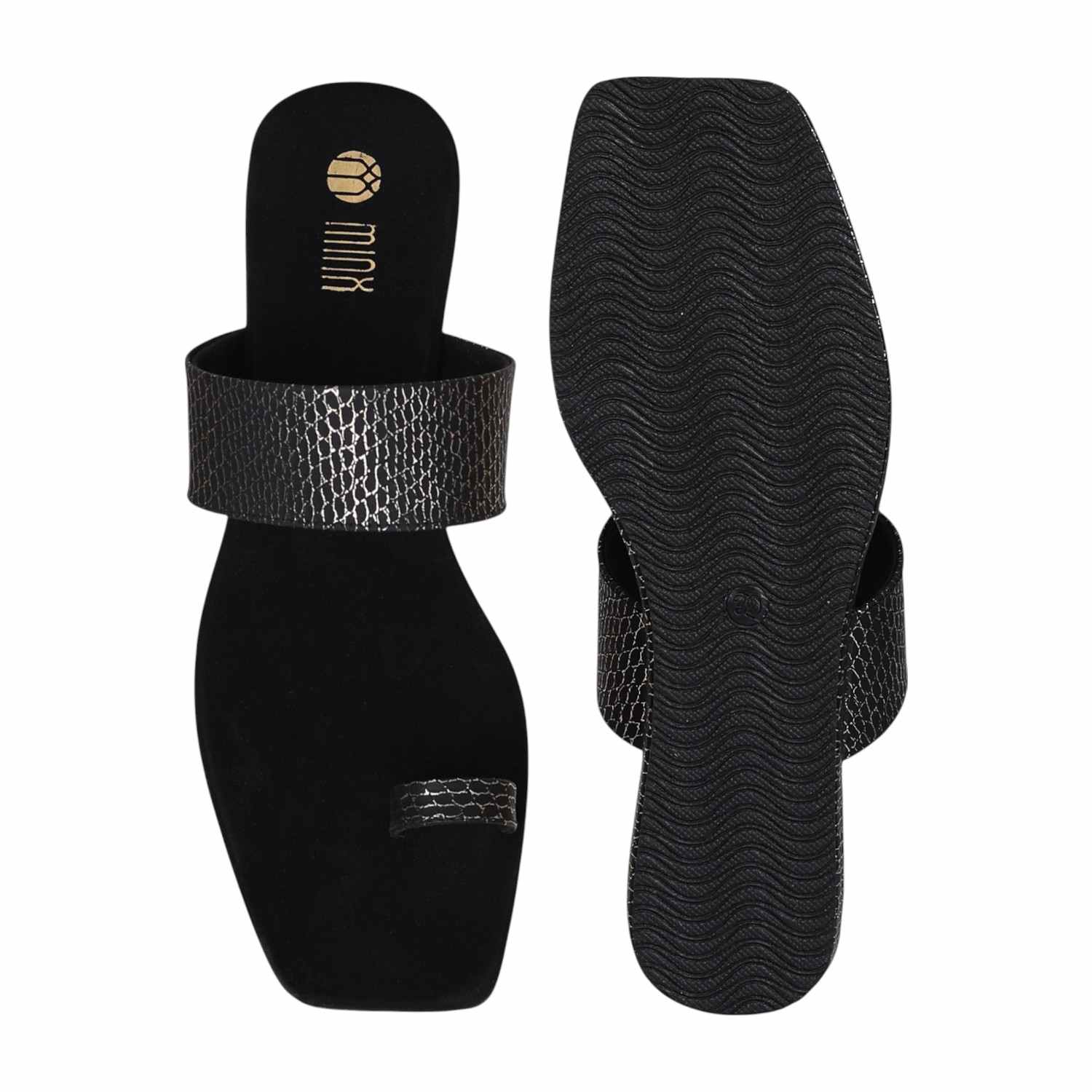 Women Sleek Black Textured Toe Loop Flats