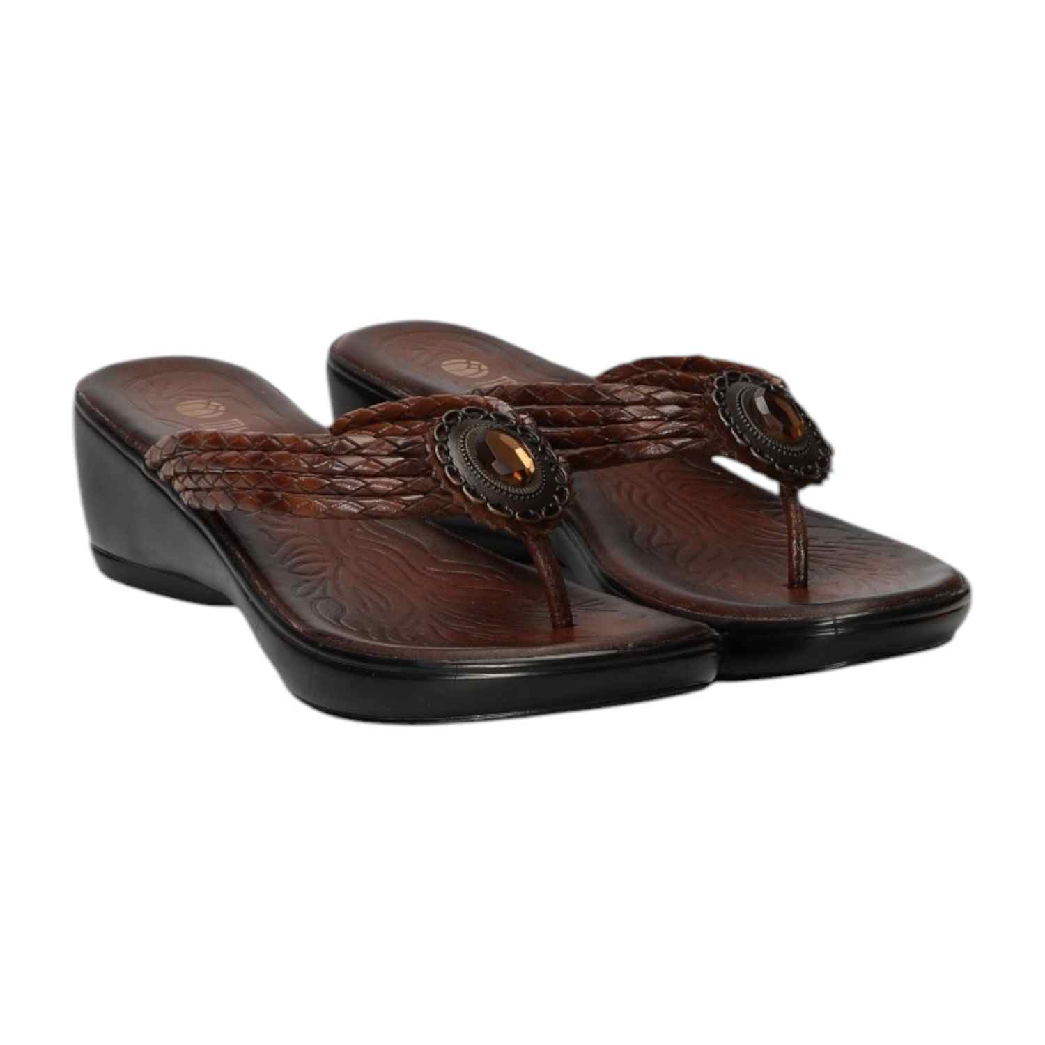 Women Brown Braided Medallion Wedges