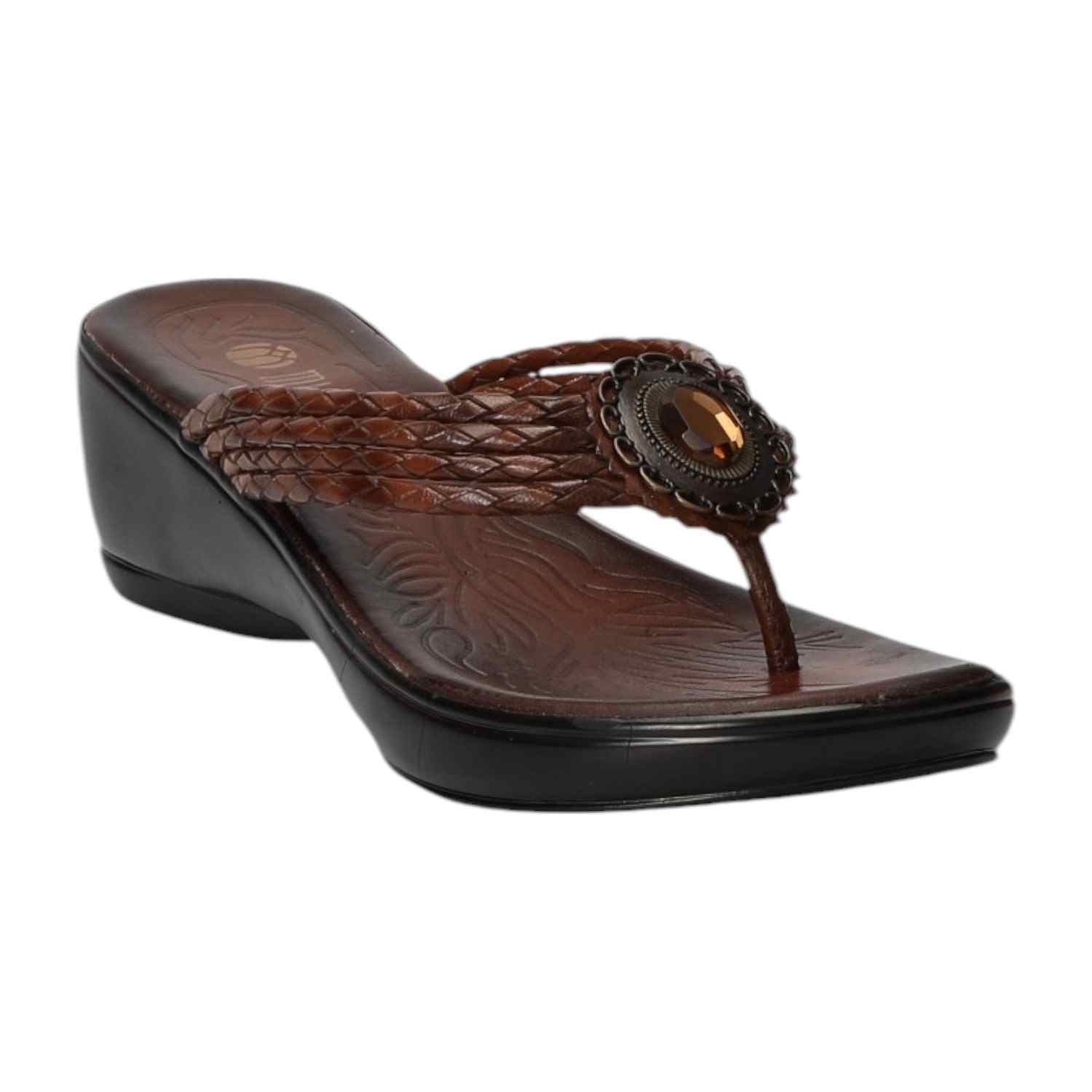 Women Brown Braided Medallion Wedges