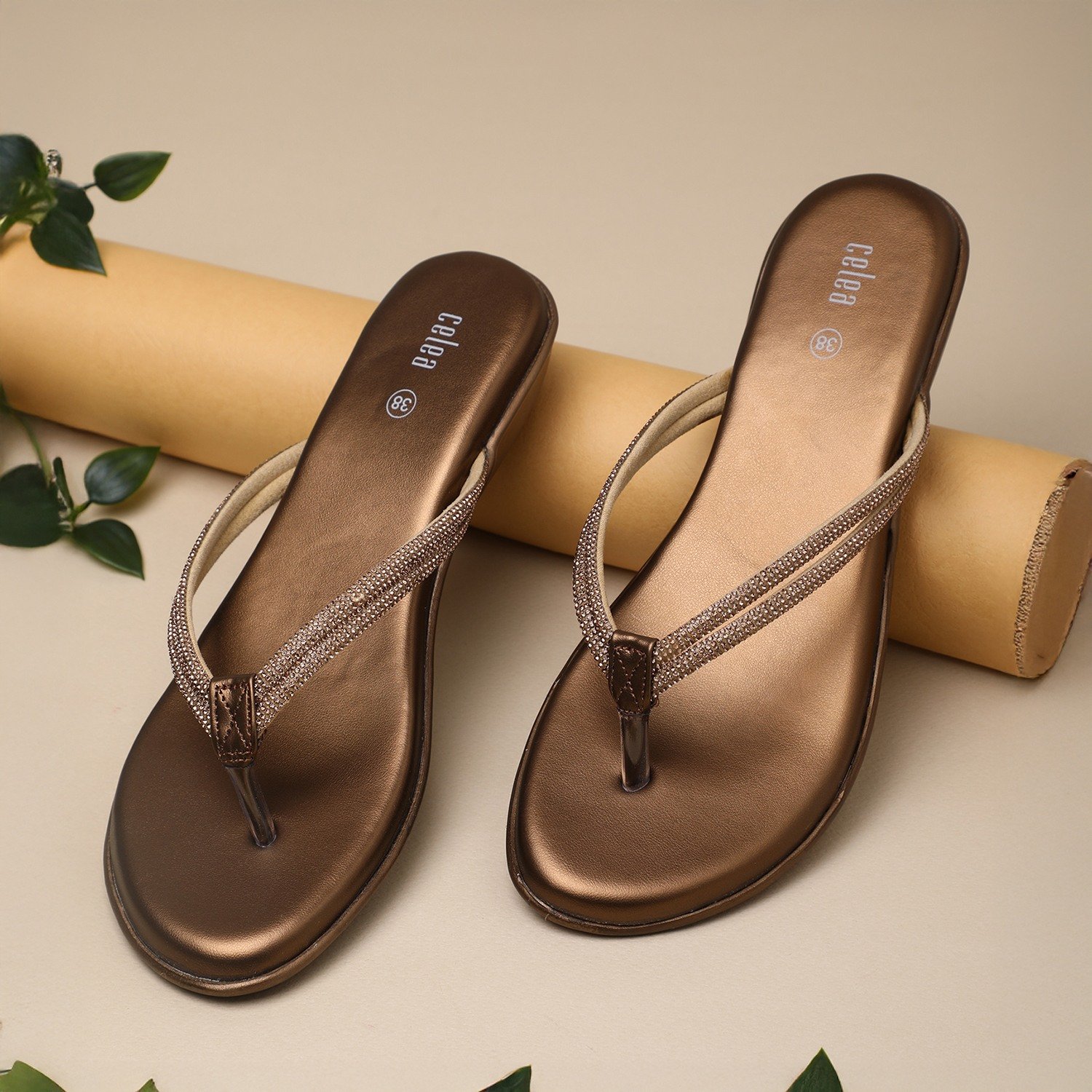 Women Elegant Metallic Gold Flip-Flops with Embellished Straps