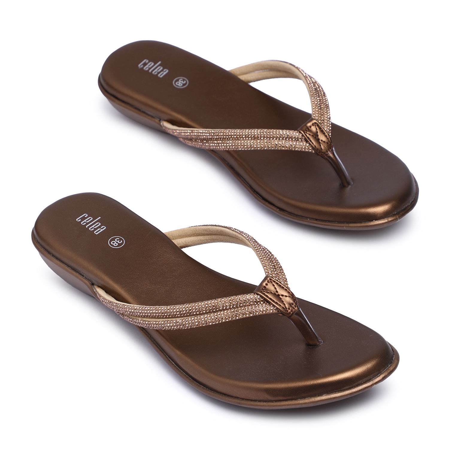 Women Elegant Metallic Gold Flip-Flops with Embellished Straps