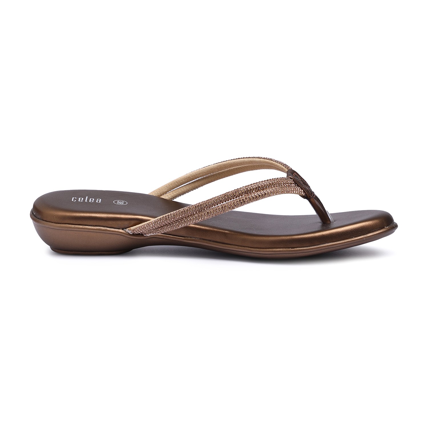 Women Elegant Metallic Gold Flip-Flops with Embellished Straps