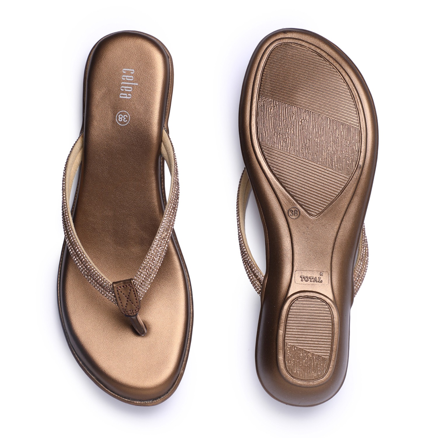 Women Elegant Metallic Gold Flip-Flops with Embellished Straps