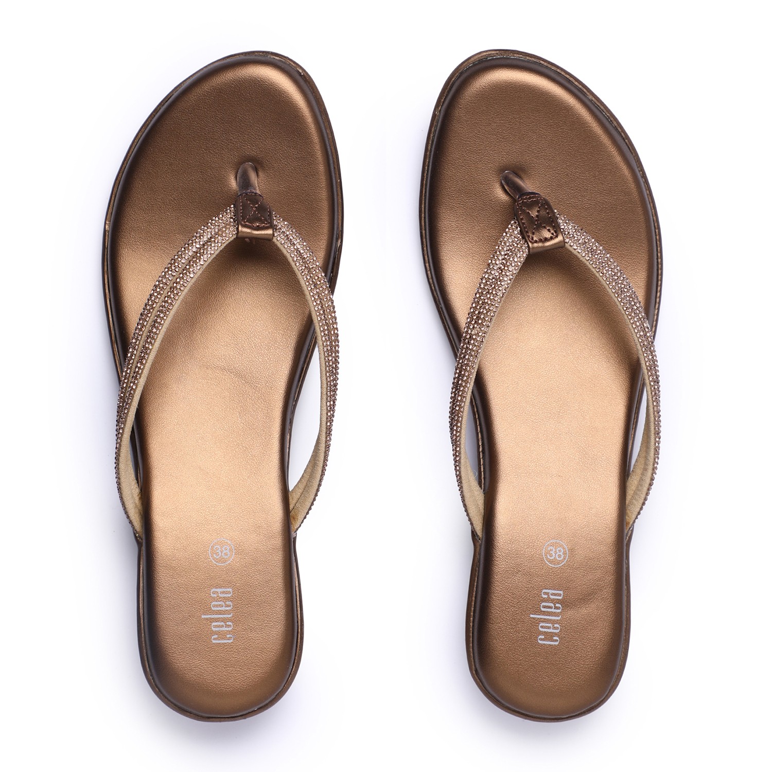 Women Elegant Metallic Gold Flip-Flops with Embellished Straps