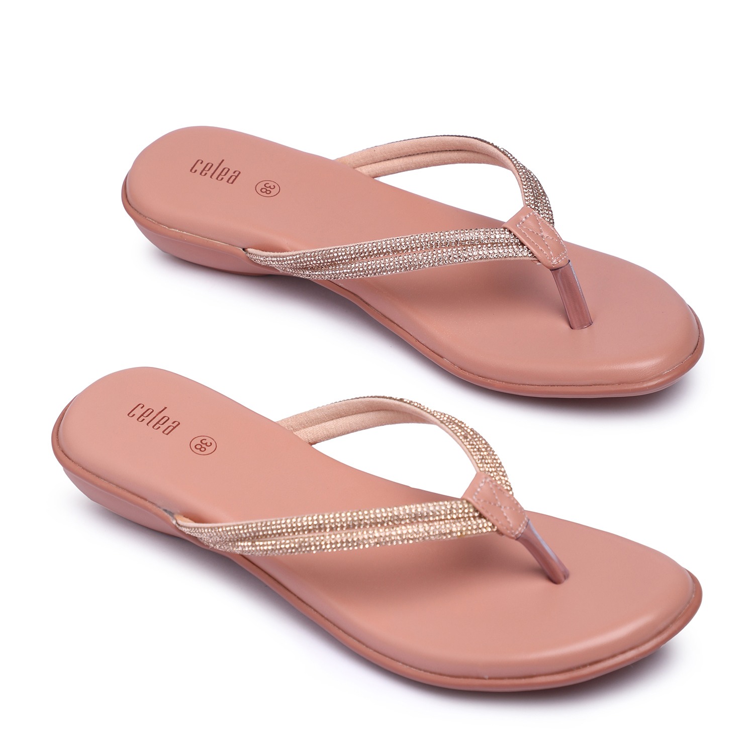 Women Elegant Metallic RoseGold Flip-Flops with Embellished Straps