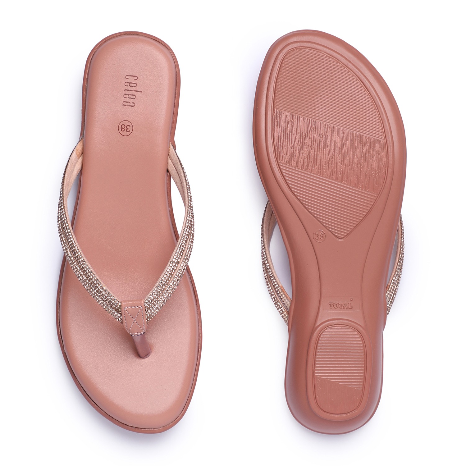 Women Elegant Metallic RoseGold Flip-Flops with Embellished Straps