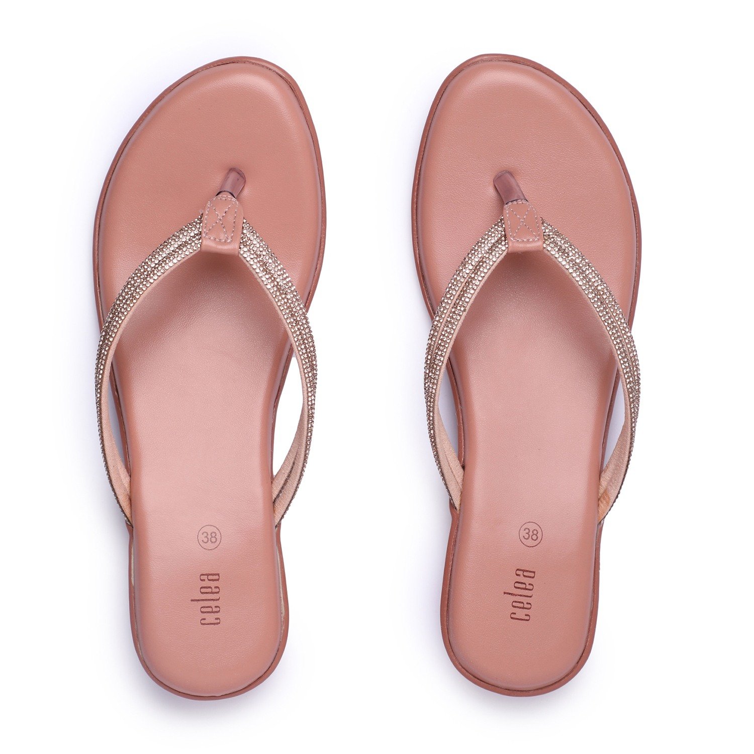 Women Elegant Metallic RoseGold Flip-Flops with Embellished Straps