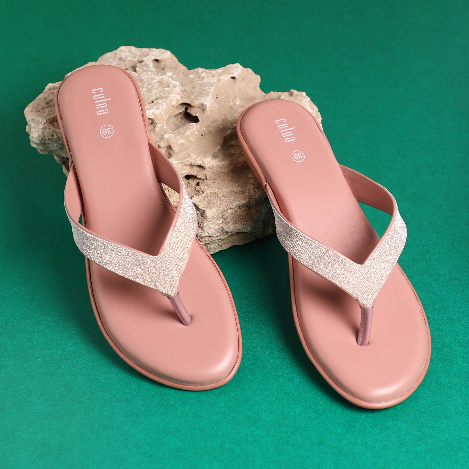 Women Peach Shimmery Strap Casual Flats