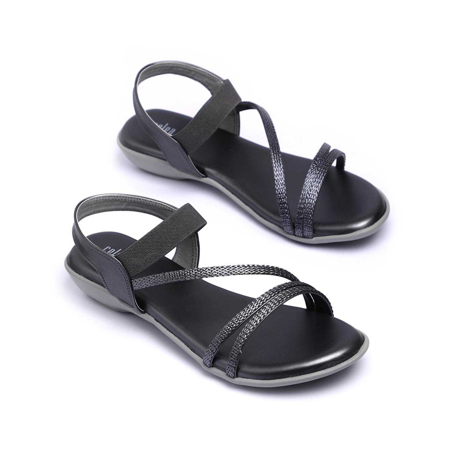 Women Grey Metallic Strap Flat Sandals