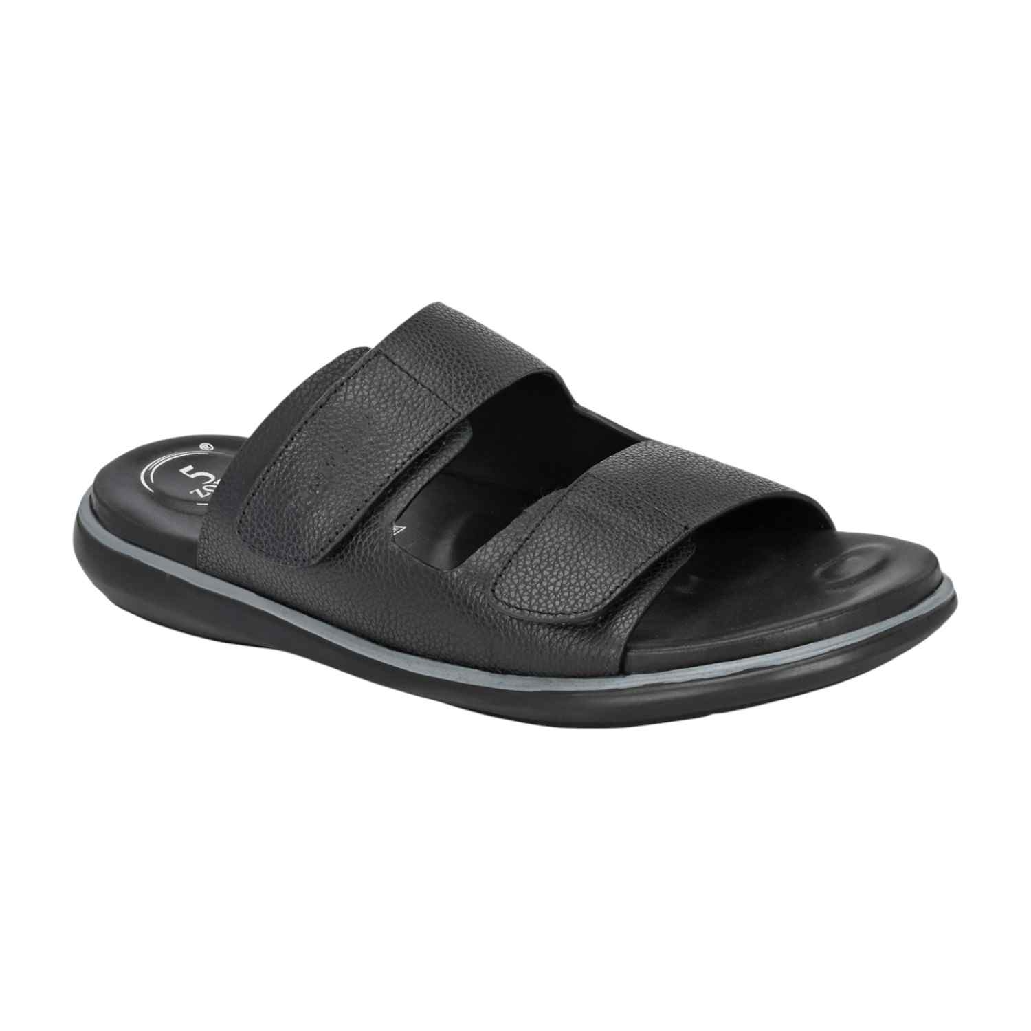 Men Black Tumbled Leather Dual Strap Adjustable Slide Comfort Sandal