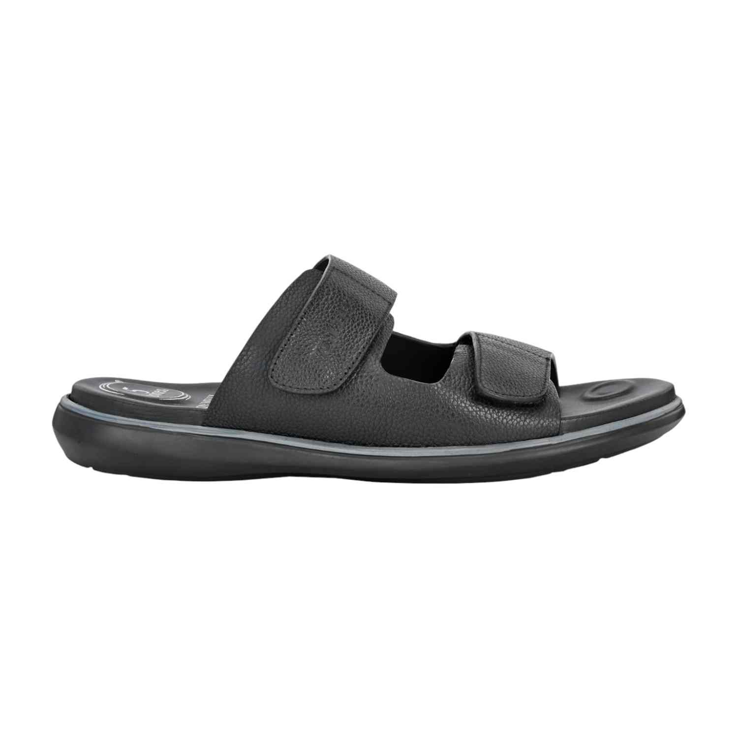 Men Black Tumbled Leather Dual Strap Adjustable Slide Comfort Sandal
