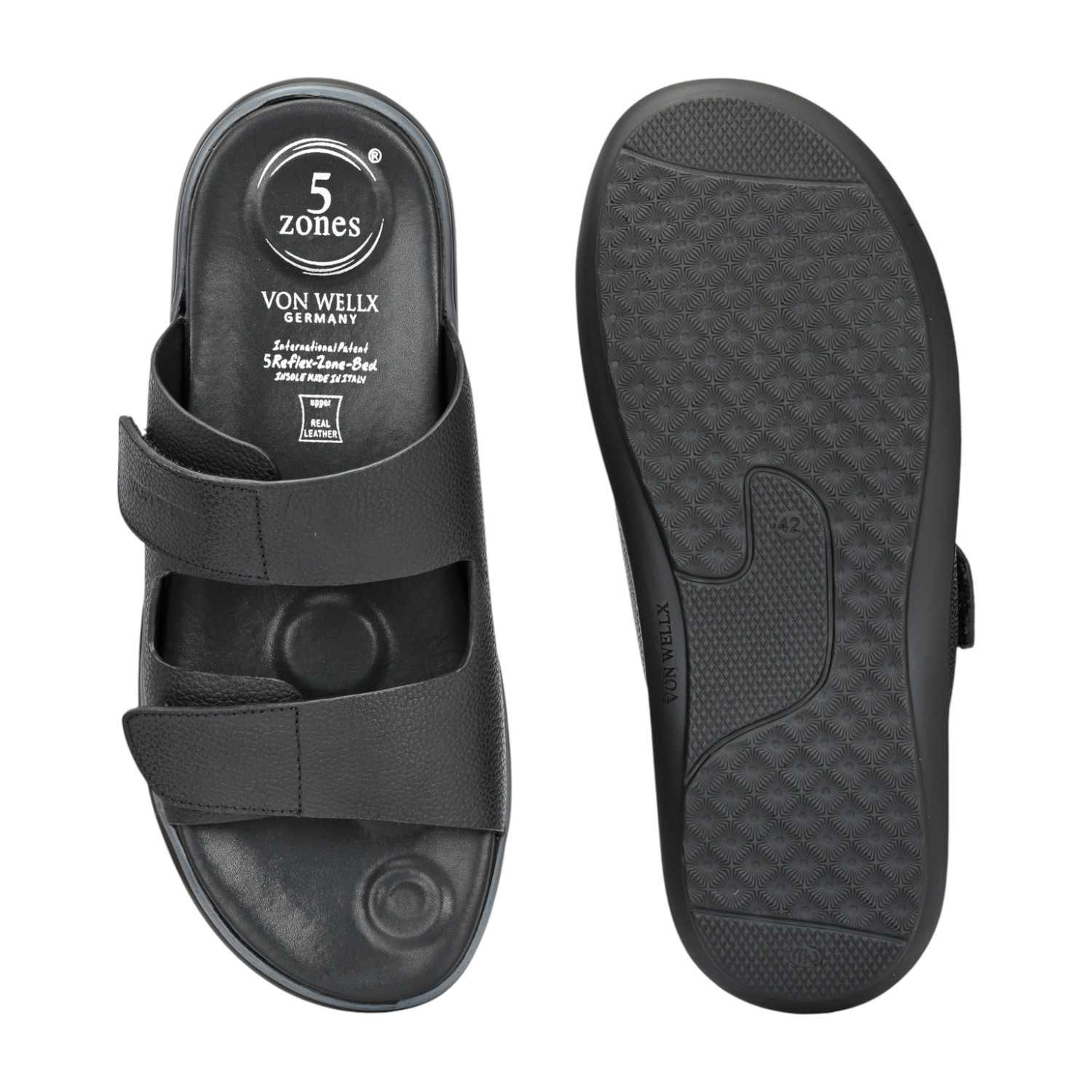 Men Black Tumbled Leather Dual Strap Adjustable Slide Comfort Sandal
