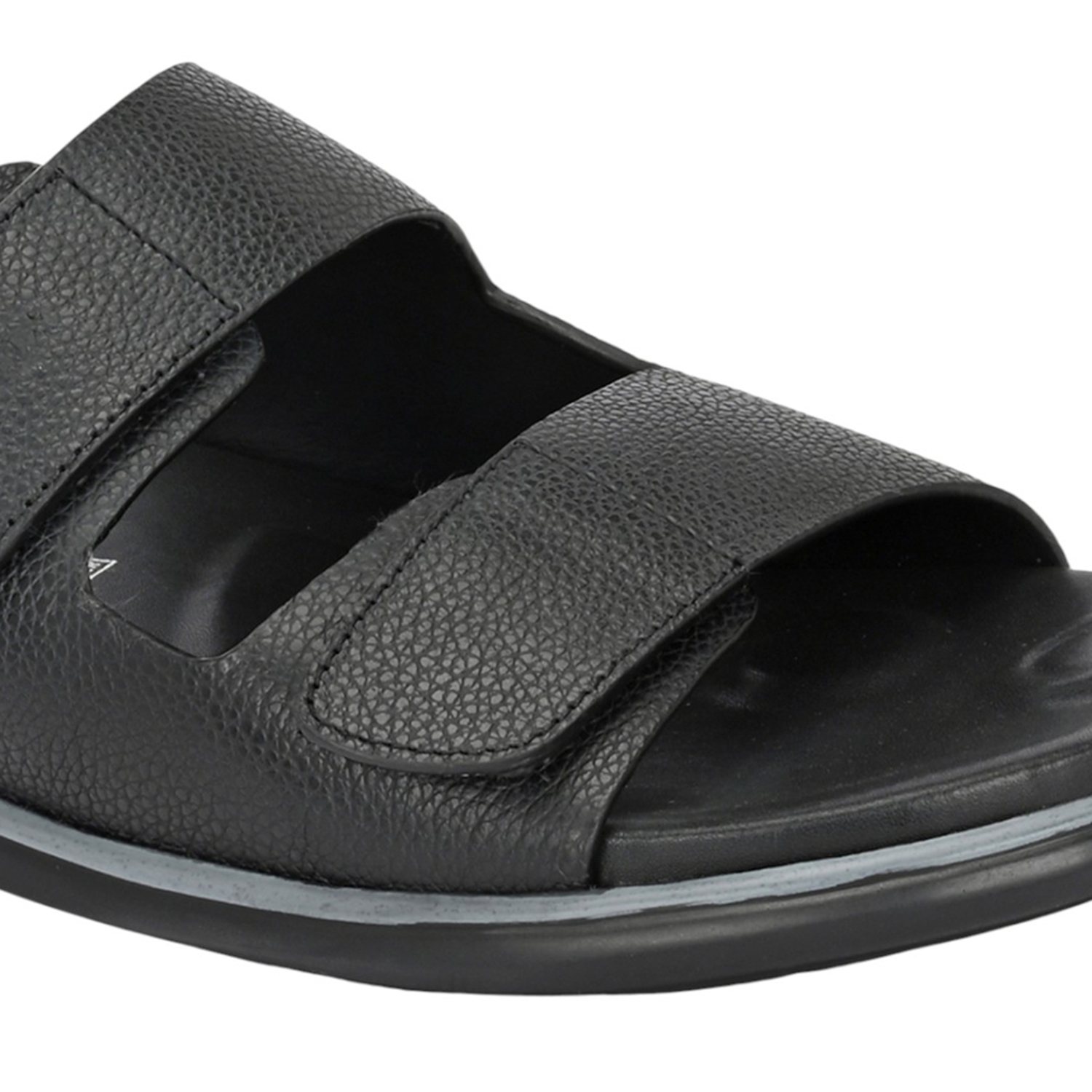 Men Black Tumbled Leather Dual Strap Adjustable Slide Comfort Sandal