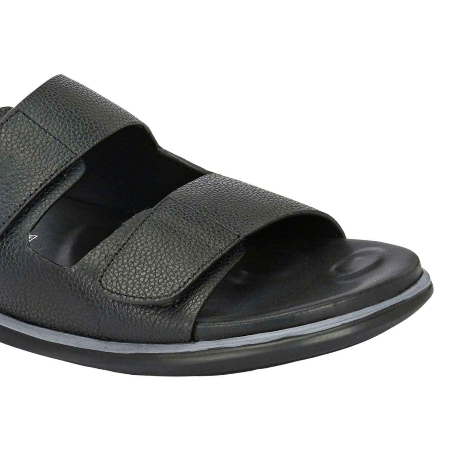 Men Black Tumbled Leather Dual Strap Adjustable Slide Comfort Sandal